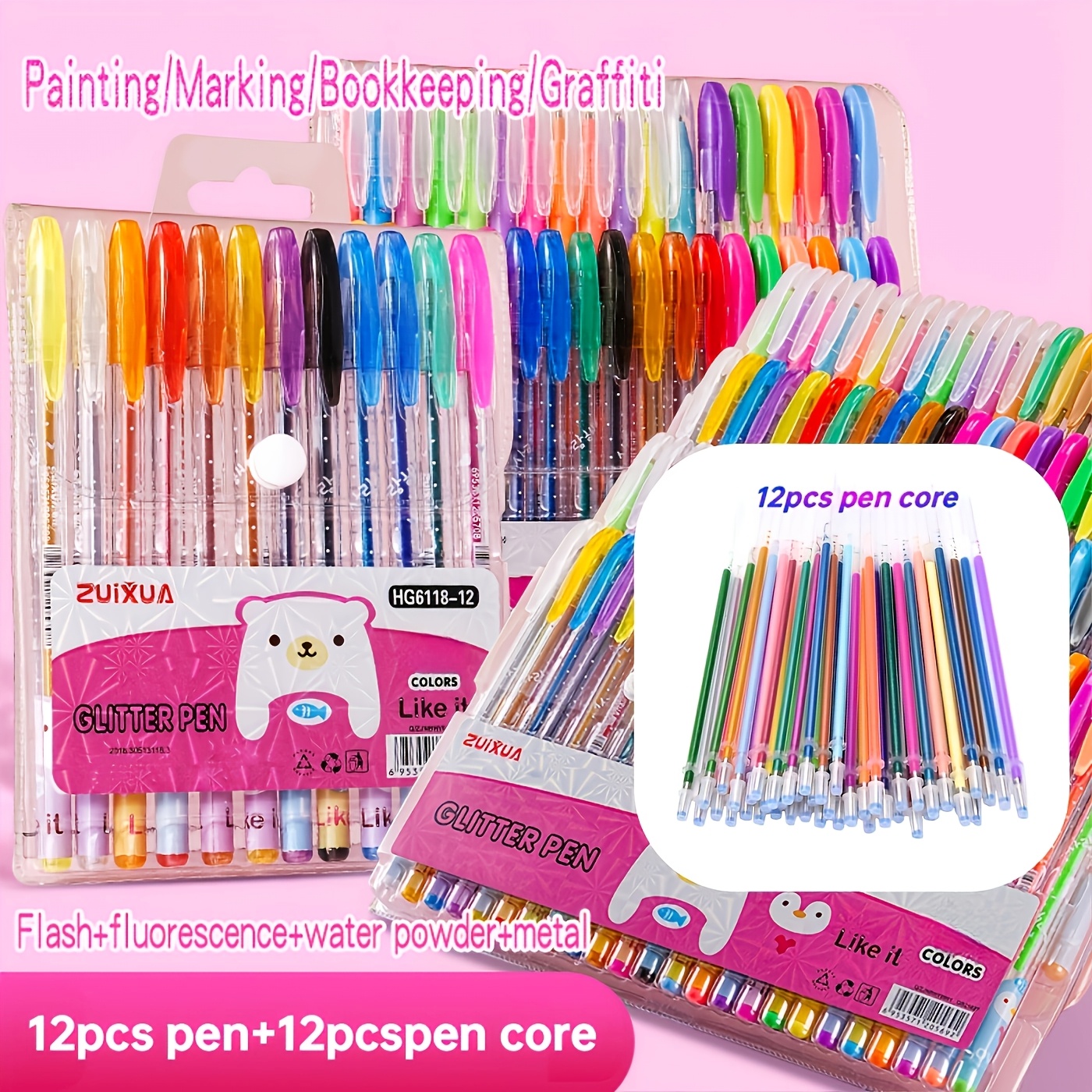 TEMU 24 Metallic Glitter Colored Pens, 24 Watercolor Markers. Suitable For Drawing, Fine-tip Pens For Doodling, Ideal For Diy Photo Albums, Black