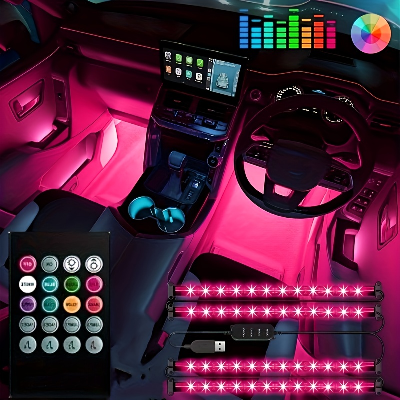 TEMU Car Interior Led Neon Light Kit - A Set Of 4pcs, Featuring Rgb Multicolor Options. Supports And Adjustments. Compatible With All Vehicle Models.