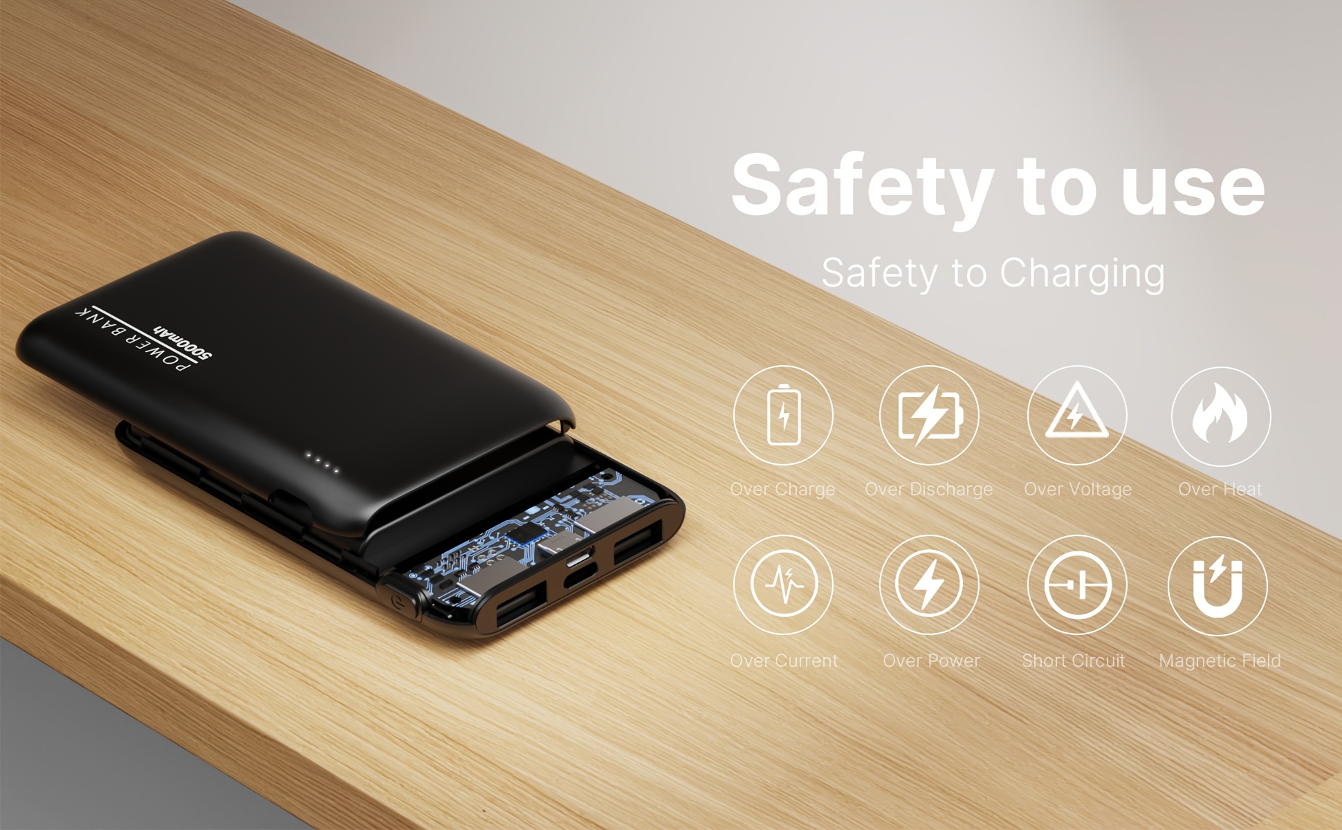 Batterie Externe Ultra-Mince 5000mAh, Chargeur Portable avec Double Sorties USB & Câble Type-C, Sauvegarde de Charge 5V2A pour iPhone et Téléphones for Samsung Android, Urgence Voyage en Plein Air, Cadeaux de Vacances (Léger & Compact)