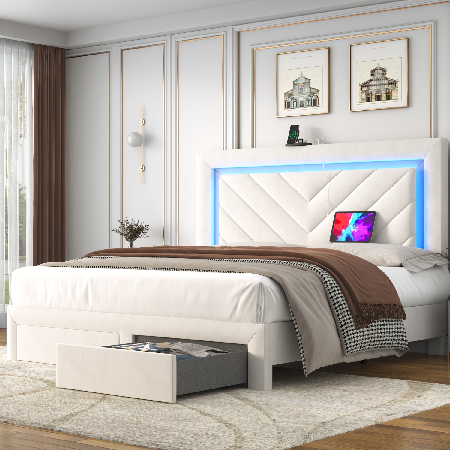 TEMU Platform Bed Frame With Led Adjustable Headboard, Upholstered Bed Frame With Storage Drawers And Charging Station, Twin, Full, Queen, Spring