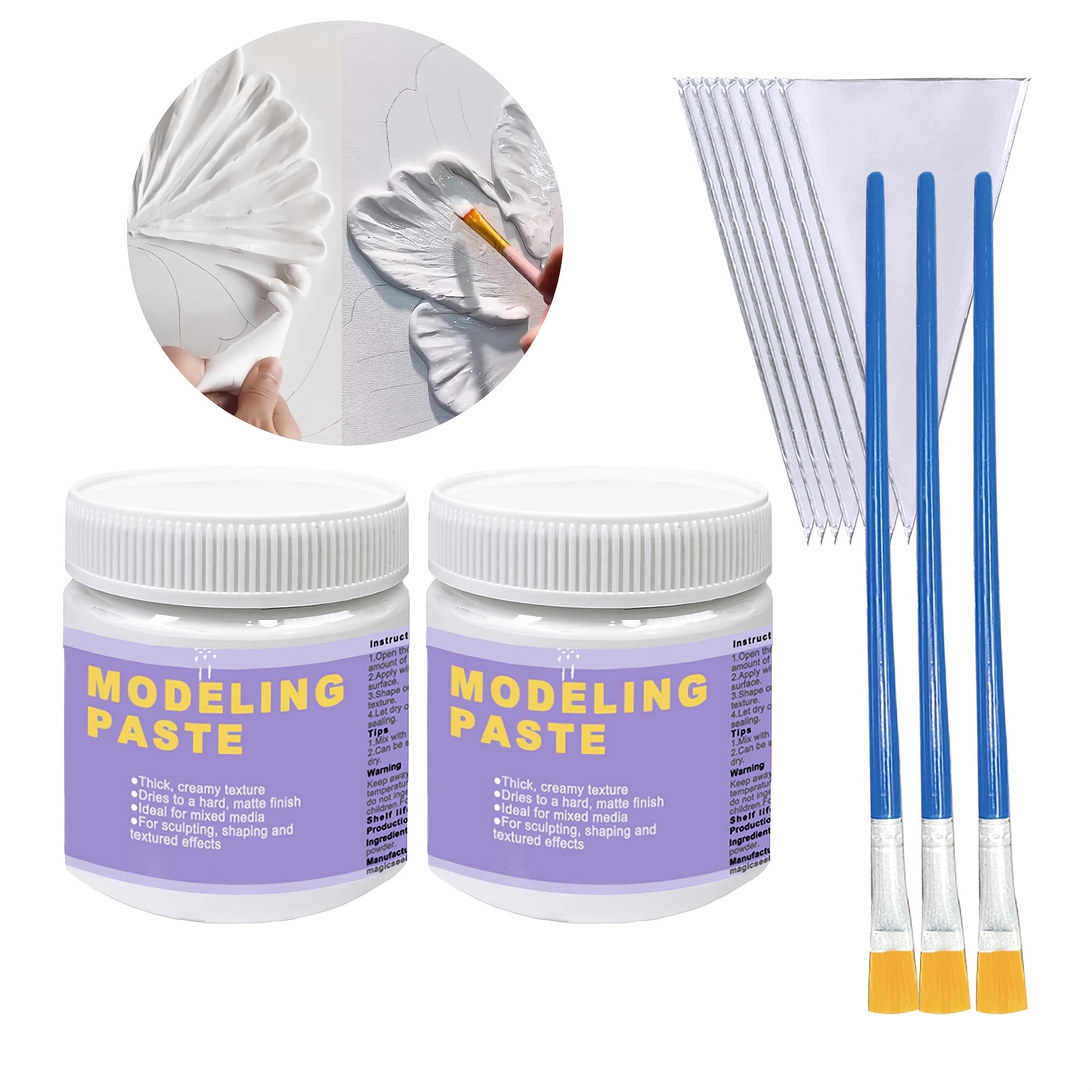 TEMU 2 Jars Molding Paste With 10pcs Tools Kit For 3d Colorful Texture Painting 11.29oz/300g White Texture Paste With 7pcs Piping Bags & 3pcs