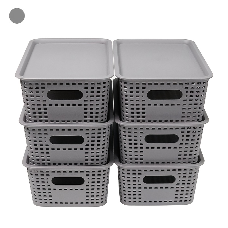 TEMU 6-pack (/grey) Plastic Storage Baskets With Lids, Organizers, Stackable Decorative Containers, Suitable For Shelves, Drawers, Desktops, Closets,