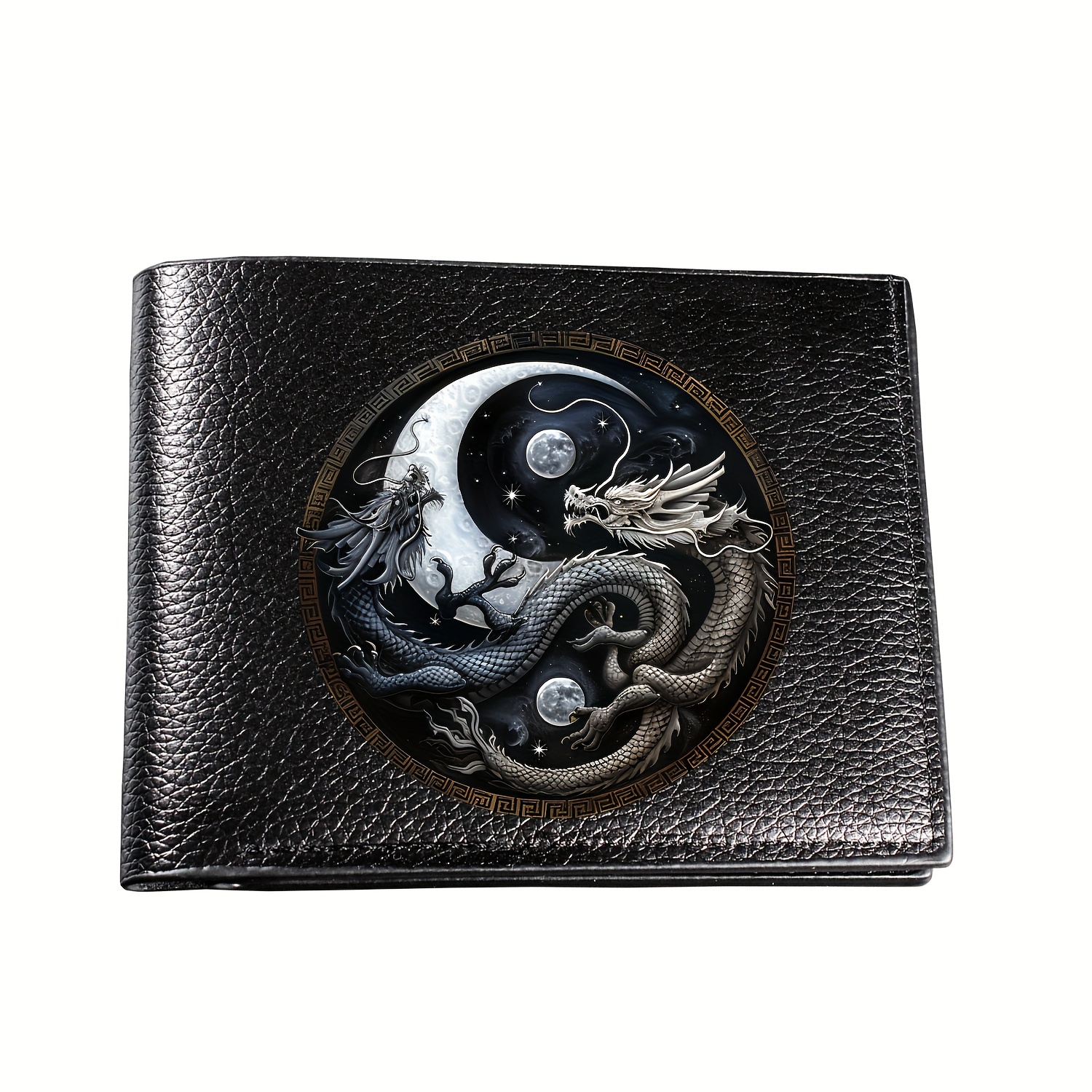 1pc Yin Yang Dragon Cartera de cuero falso para hombres, diseño de doble pliegue negro con tarjetero y monedero, patrón de dragón elegante, cuero sintético duradero
