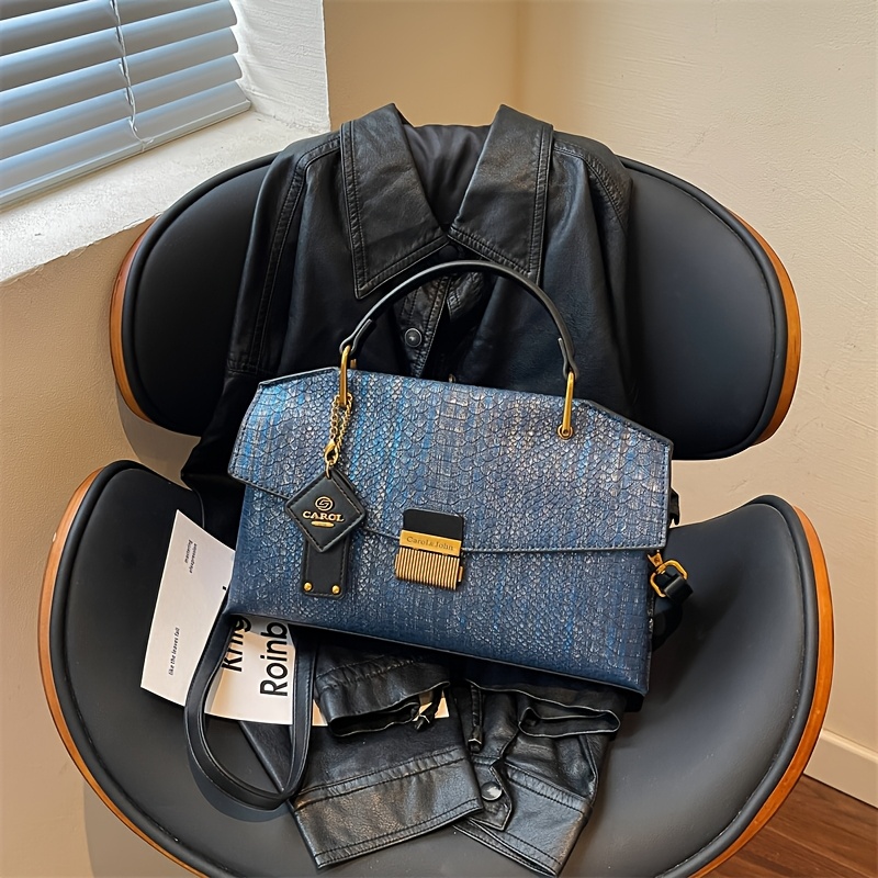 TEMU 2026 Blue Snake Skin Pattern Handbag, Fashion Luxurious High-end Tote Bag, Lightweight Large Capacity Shoulder Crossbody Bag For Women