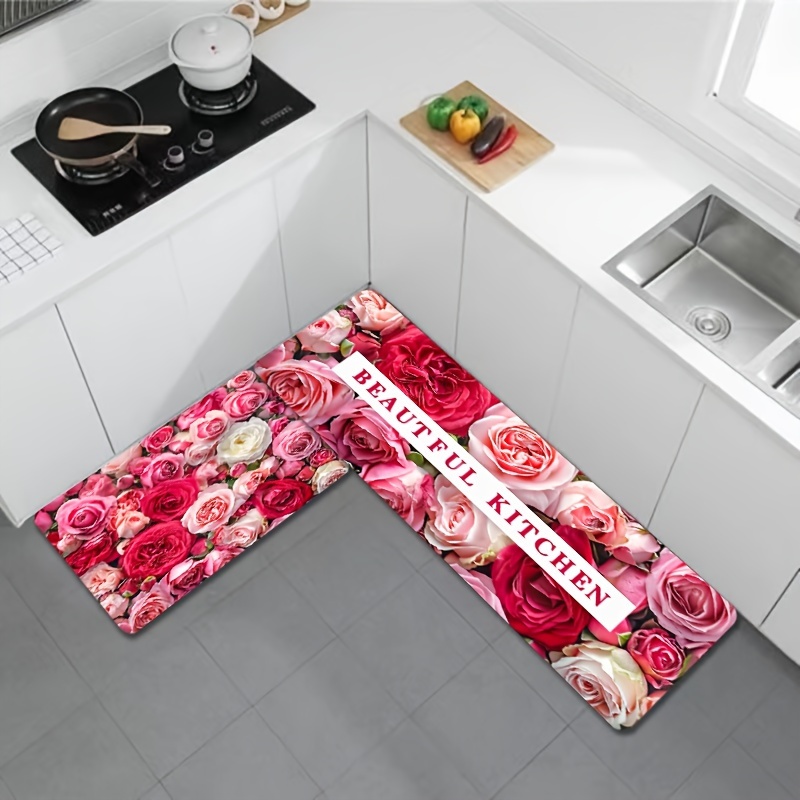 

Floral Kitchen Rug, Non-slip Washable Polyester Mat, Rectangular, Design, 8mm , With Machine Washable, For Gaming Room, Laundry, Bathroom, Living Room, Bedroom, Indoor Entrance