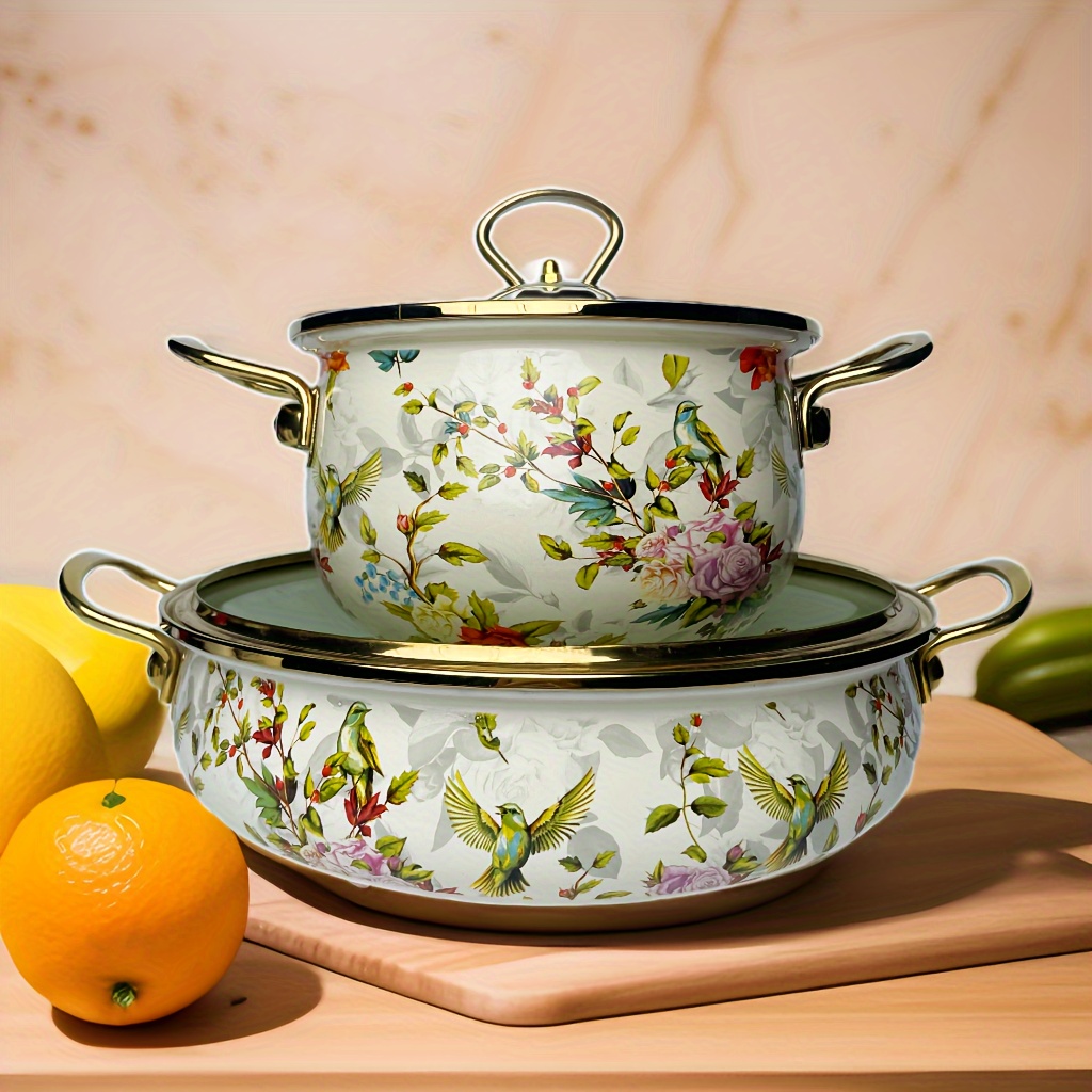 

Enamel Soup & Seafood Pot - Large Capacity, Floral & With , , Multi-functional Hot Pot For Gas & Induction Cooking, Includes Lid & Handle, 30cm