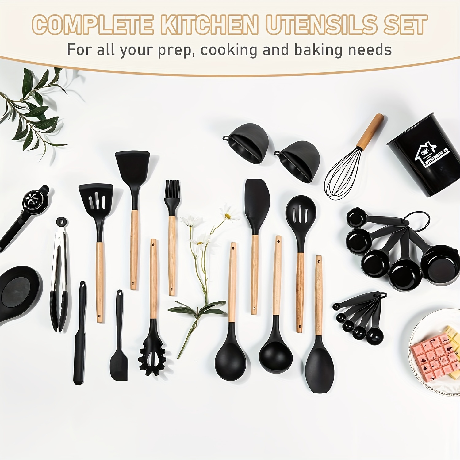 Food-Grade Silicone Cooking Tool Set With Wooden Handles And Stands, BPA-Free Non-Stick Cookware Gadgets For Baking, Stirring And Serving