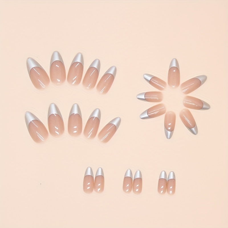 24pcs set medium almond slivery french tip fake nails glossy simple french style acrylic nails nude pinkish full cover glue on nails for women girls manicure decorations details 5