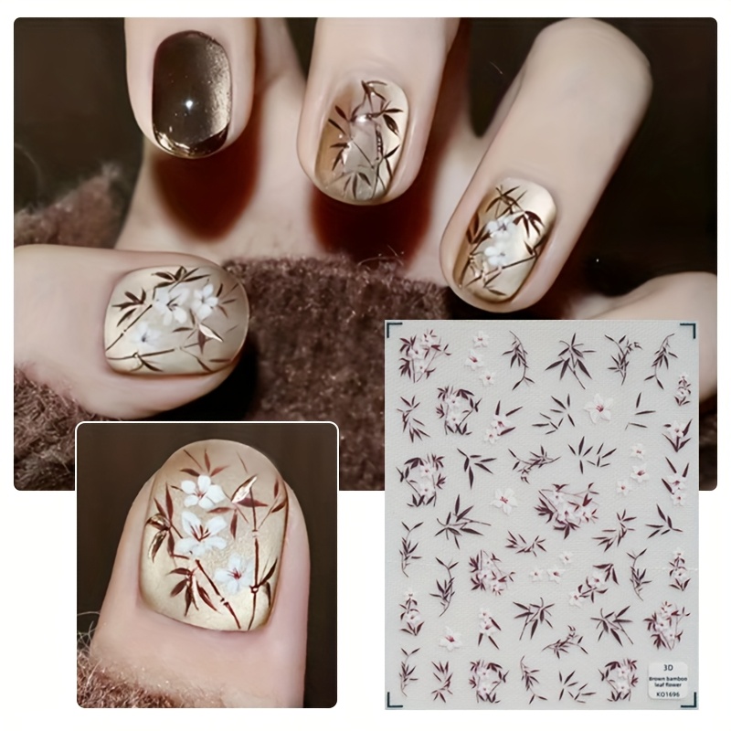 Image of Autumn And Winter Nail Sticker Featuring A Floral Bamboo Theme, Showcasing Rich Ambiance And High-end Chinese Design With Patterns Of Bamboo Leaves And Flowers, Suitable For Personal And Nail Salons