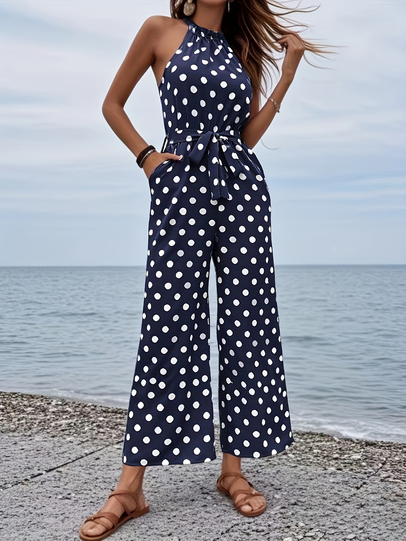 Women'S Navy Blue and White Polka Dot Jumpsuit Casual Sleeveless Romper  with Tie Waist, Straight Leg, Polyester Spring/Summer, Casual W
