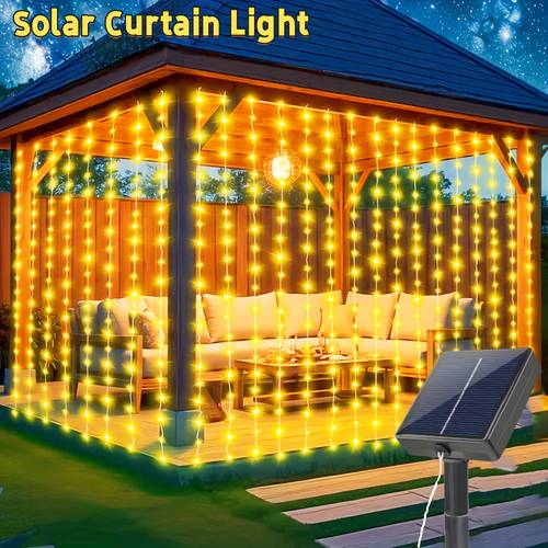 1 pack 100 200 300 led solar outdoor curtain string lights solar powered wire fairy lights with 8 lighting great for wedding party balcony patio tent eave tree yard halloween christmas decoration