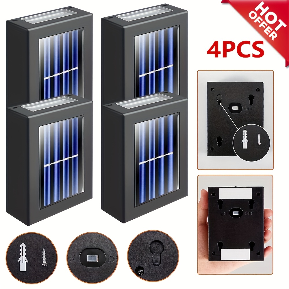 

4pcs Solar Wall Lights, Bright 2leds, Soft White &warm Color, Light Sensor, Up And Down Lighting, Solar Powered, Ip44 Waterproof, Yard, Garden, Garage, Pools, Deck, Fence Lighting