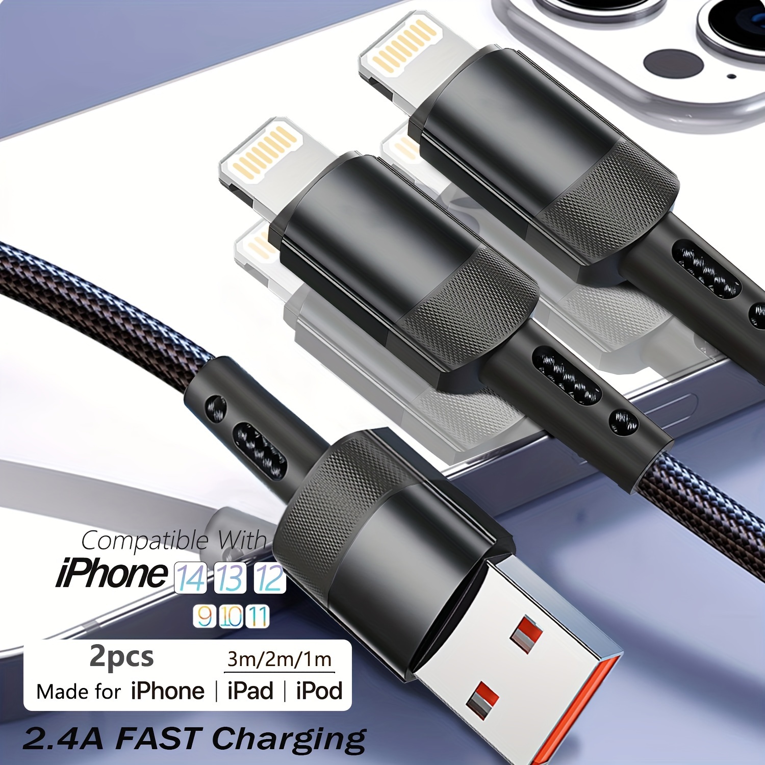 

2pcs For , 2.4a Fast Charging Cable, Mfi Certified Usb Port Support Fast Charging Cord For Iphone 14 Pro/14/13 Pro/12 Pro Max/12 Mini/11 Pro/xs/xr/ipad