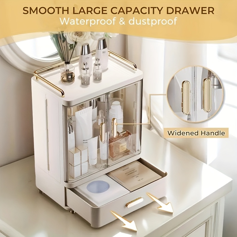 2 3 layer cosmetic storage organizer with golden plated handles top shelf   durable plastic freestanding bathroom bedroom storage box polished   no power needed bathroom organizers and storage Product details 1