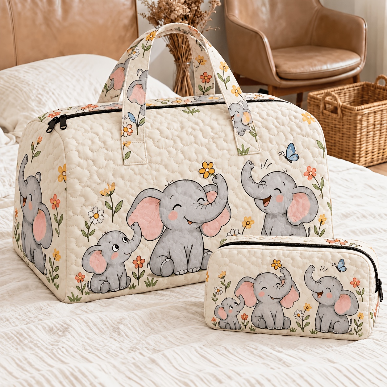 TEMU 2pcs Set Large Capacity Quilted Cylindrical Bag Cylinder Handbag Suitable For Women & - Cute Elephant Mother & Print Travel Bag, Zipper Makeup