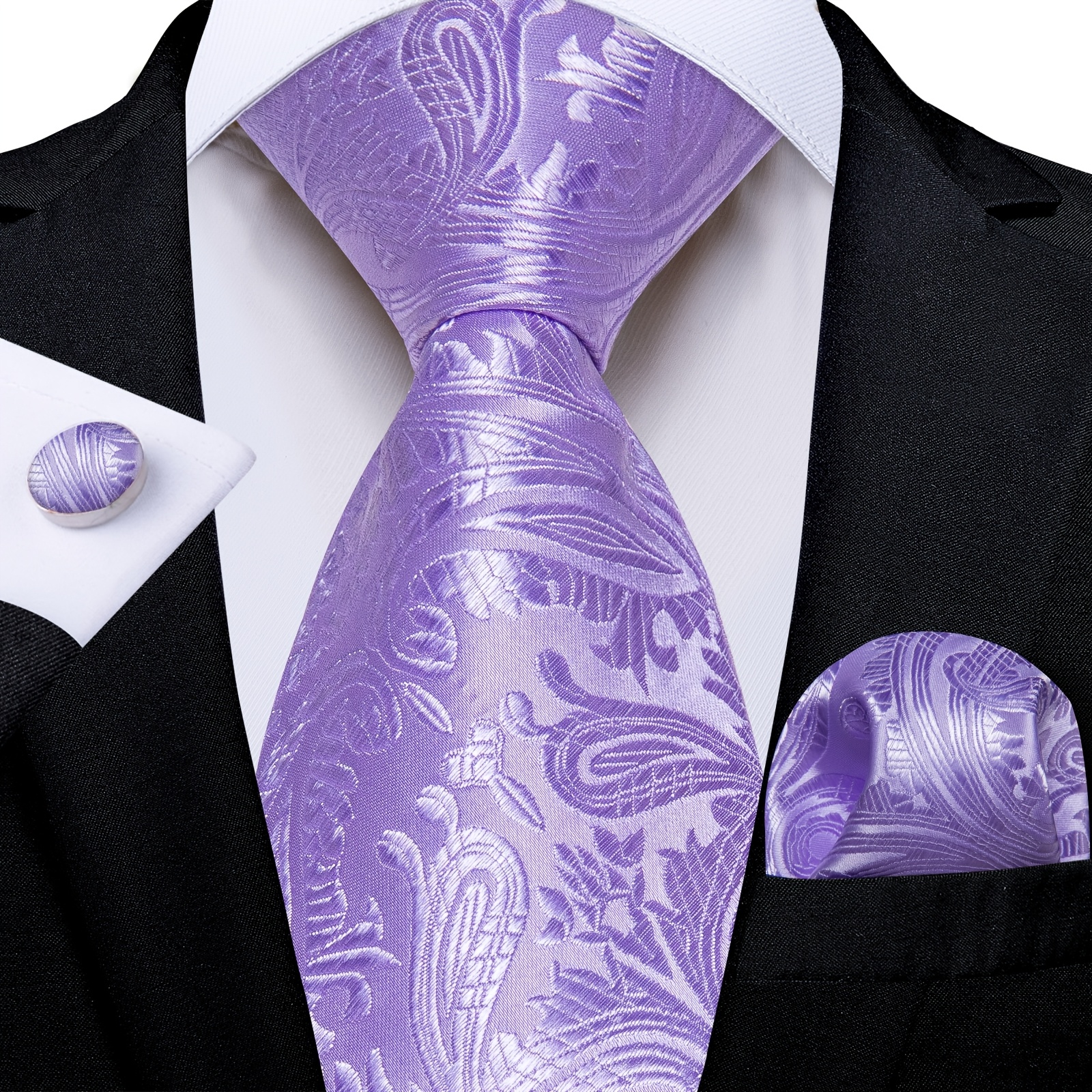 Gentle Lilac Paisley Men's Tie Set, Complete With Pocket Square & Cufflinks, And Stylish For Spring Events, Garden Parties & Date Nights