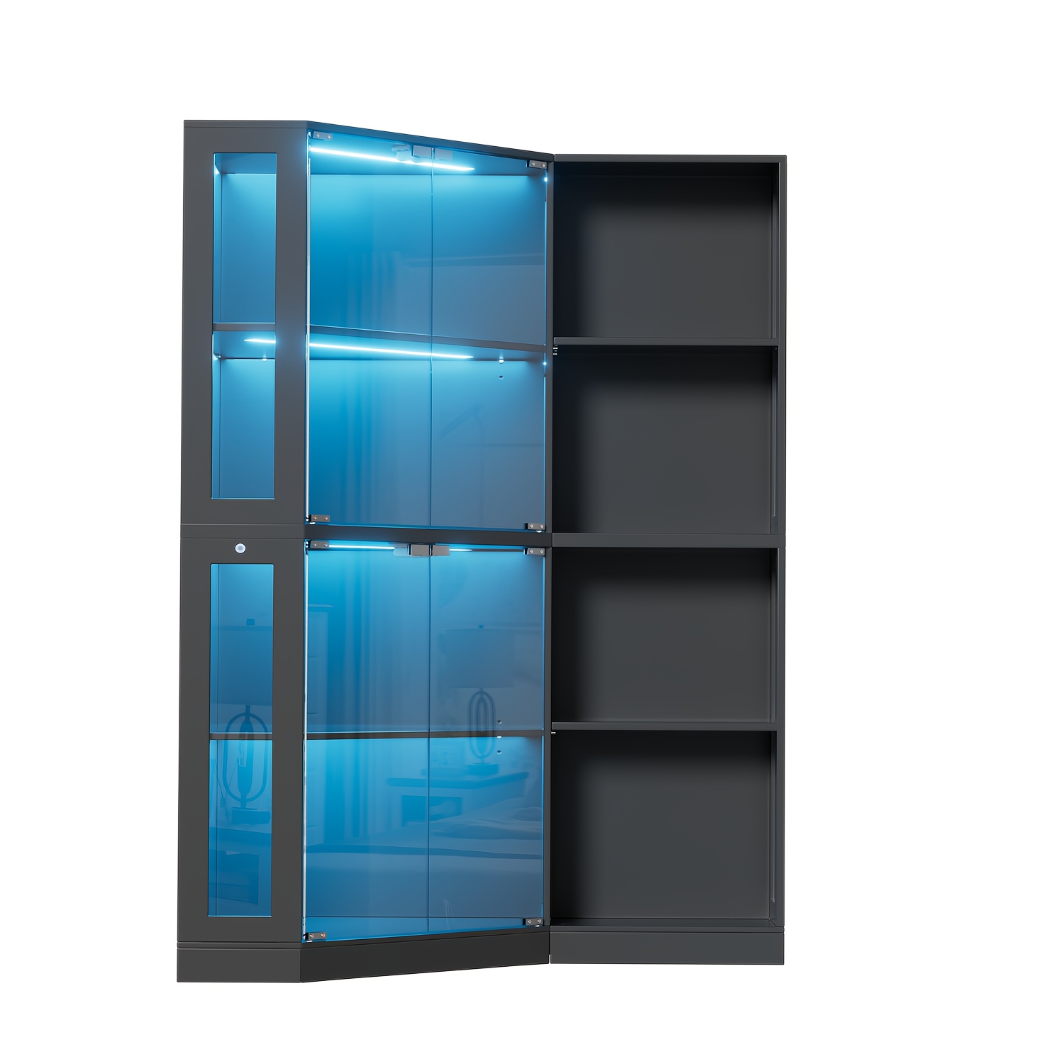 Image of Corner Glass Display Cabinet, 65-inch High Cabinet, 4-tier Display Case With Tempered Glass Door And Adjustable Shelves, Irregular Collectibles Display Shelf Cabinet, Bookcase