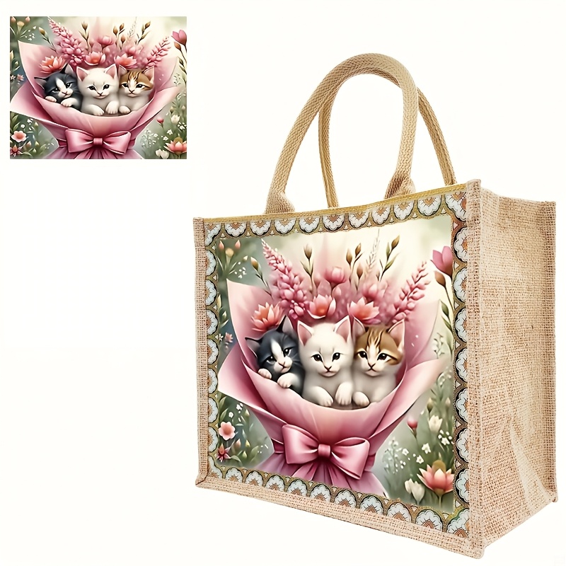 TEMU Handmade Diy Diamond Painting Tote Bag - 3 Cute Kittens & , Foldable Khaki Canvas Shoulder Bag, Essential For Travel, Daily Use & Festive