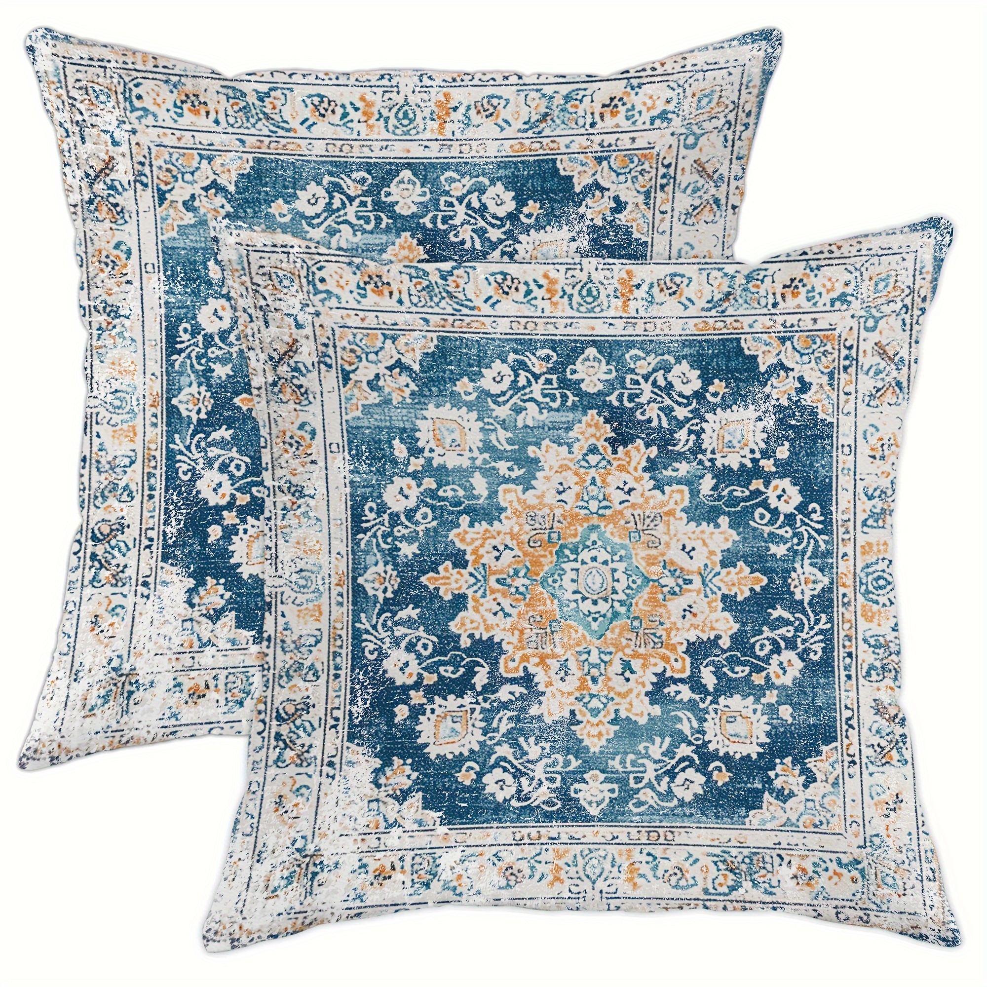 

2pcs Vintage Bohemian Moroccan Throw Pillow Covers, 18"x18", Geometric Floral Blue Short Plush, Zip Closure - Living Room & Bedroom Decor