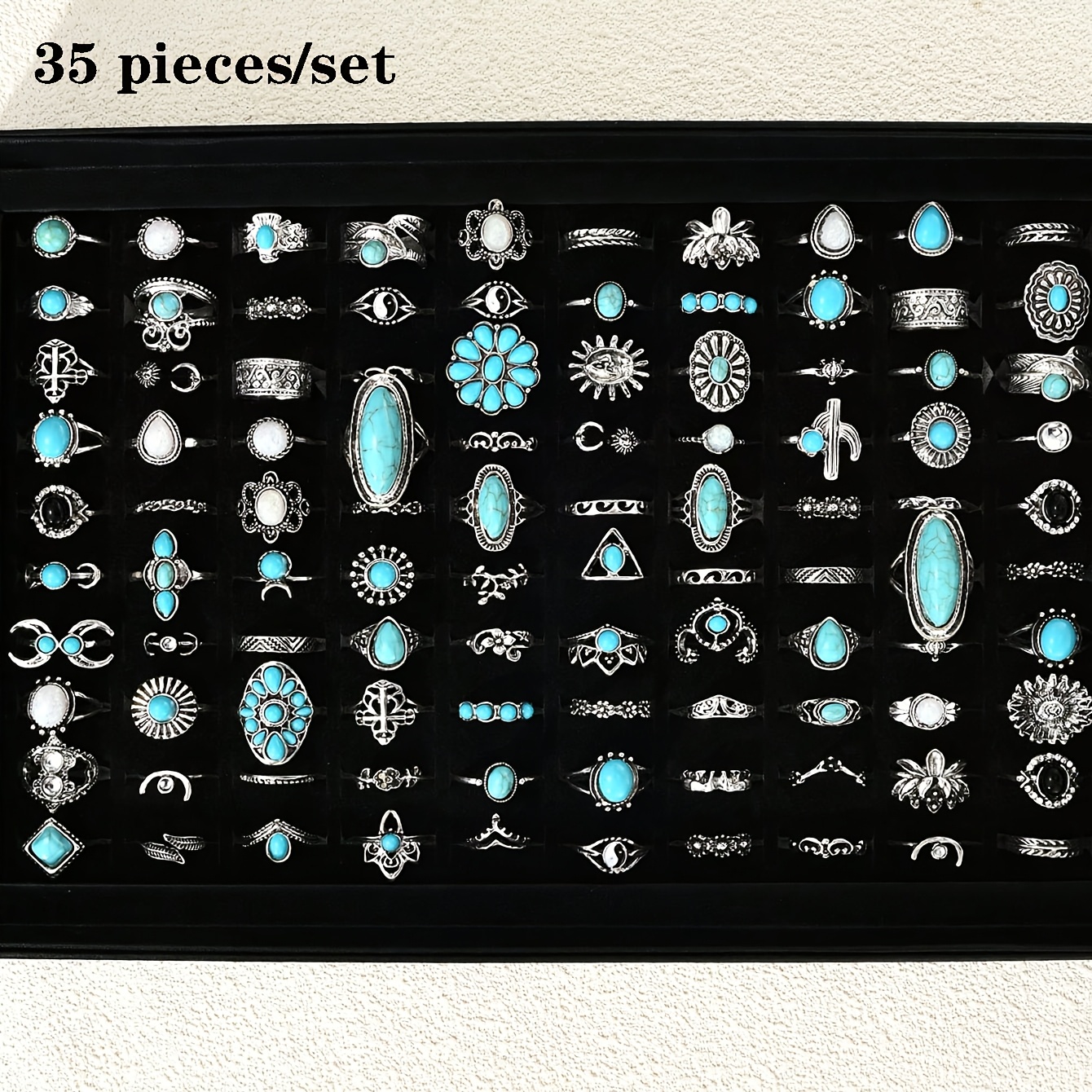 TEMU 35pcs/set Synthetic Turquoise Inlaid Alloy Women's Rings, Vintage Bohemian Style Multi-piece Ring Set For Parties, Weddings, Daily Wear, Finger
