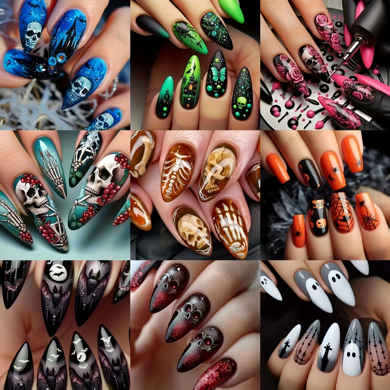 TEMU 216pcs (9 Styles) Halloween Press-on Fake : Oversized Assorted Set With , & Pumpkin Art, Featuring Multiple Stiletto, Almond & Coffin Shapes,