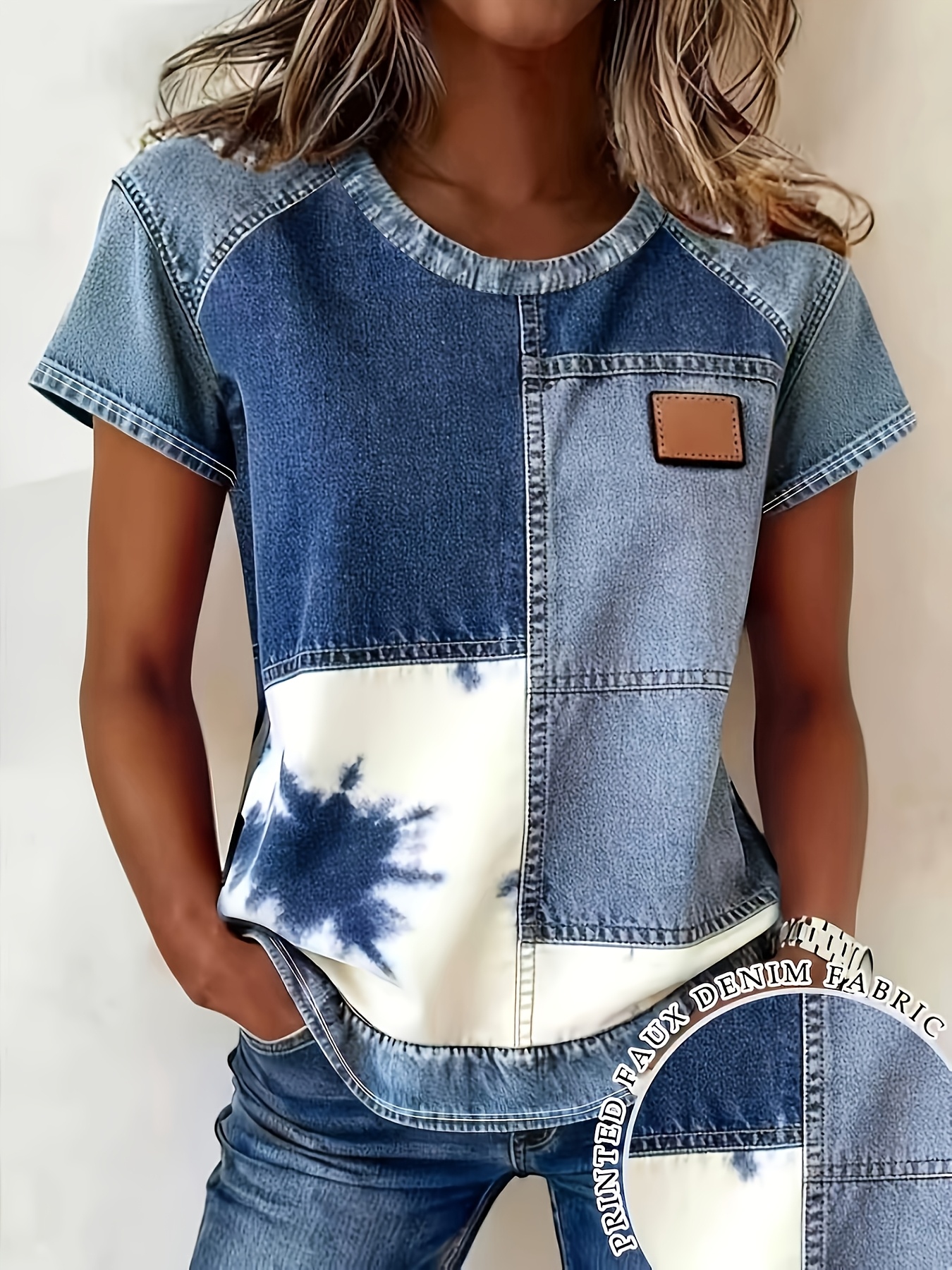 printed pants not denim fabric   targeted development new arrival   denim print round neck short sleeve t shirt for european and american womens fashion