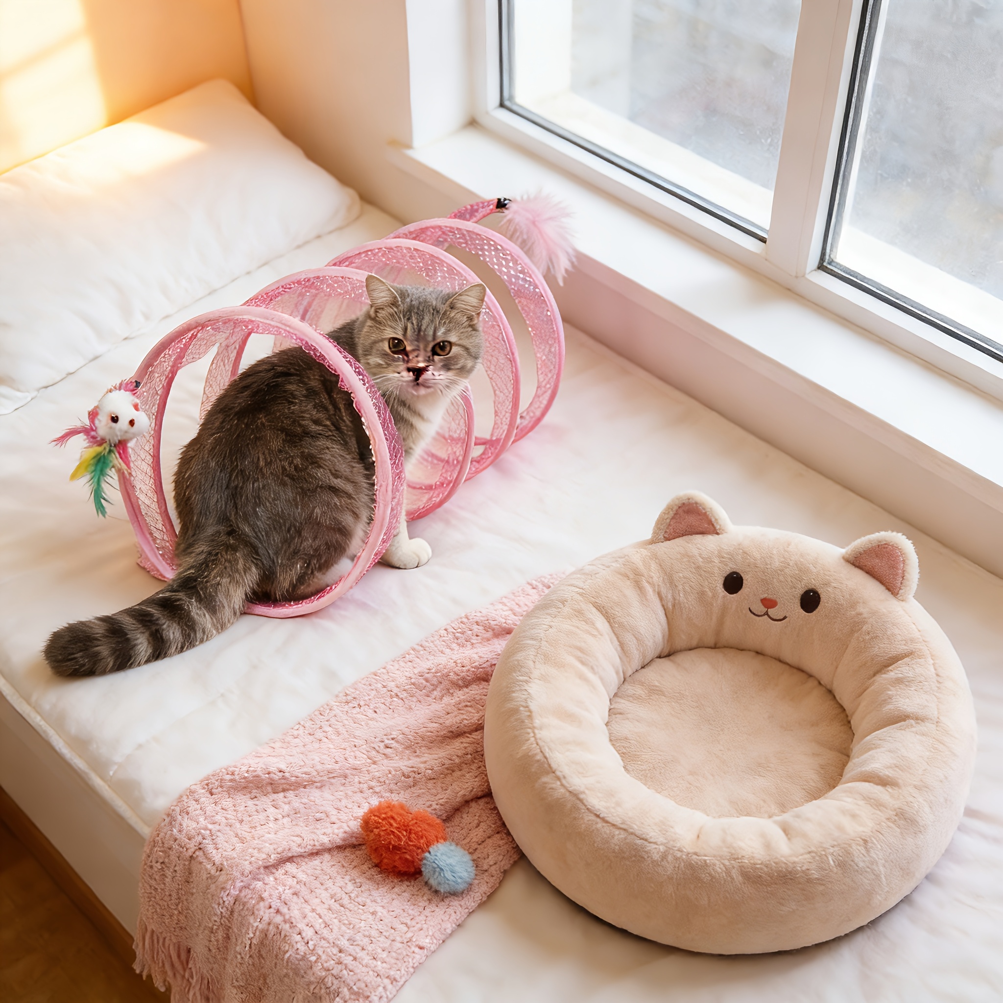 Interactive Cat Tunnel Channel with Simulated Feathers