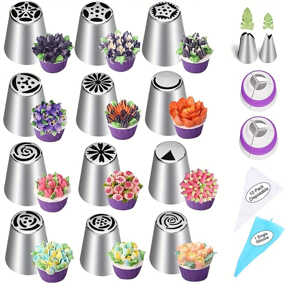 Image of 27pcs Piping Set - Cake Baking Tools - Stainless Steel Material - 12 Piping Nozzles - 2 Leaf Piping Nozzles - 2 Three-hole - 1 12-inch Piping Bag - 10 Disposable Piping Bags