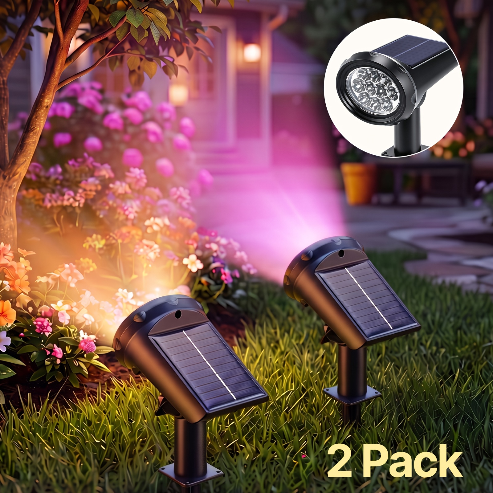 TEMU 2 Pack Solar Landscape Lights, Outdoor Solar Spotlights, Rgb Colors, 12h Long Lighting, Solar Outdoor Lights Ip44, Suitable For Garden, Yard,