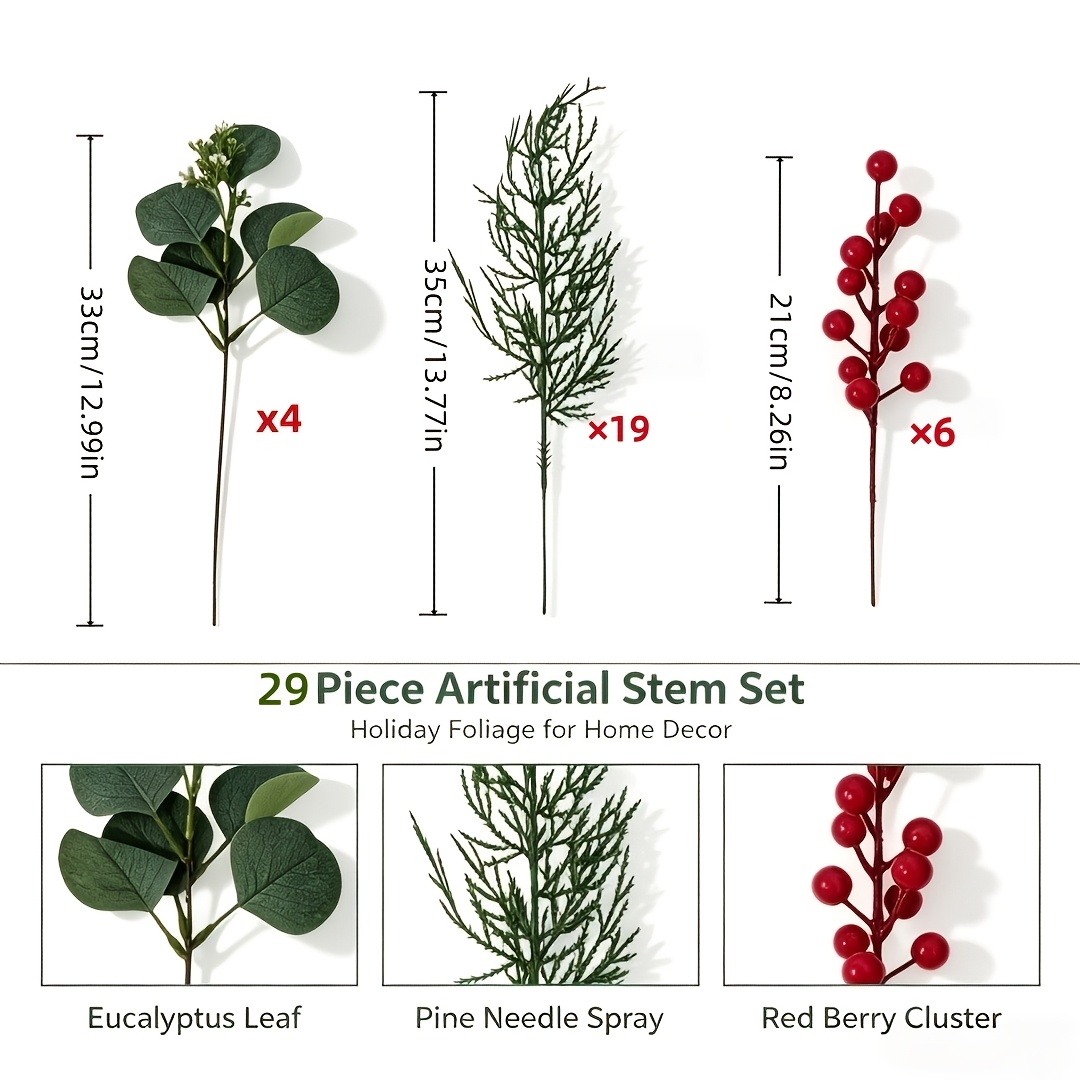 TEMU 29pcs Artificial Branch Set: Eucalyptus Leaves + Pine Branches + Stems. For Vase Arrangements, Diy Christmas Wreaths, Door Hangings, Gift Box