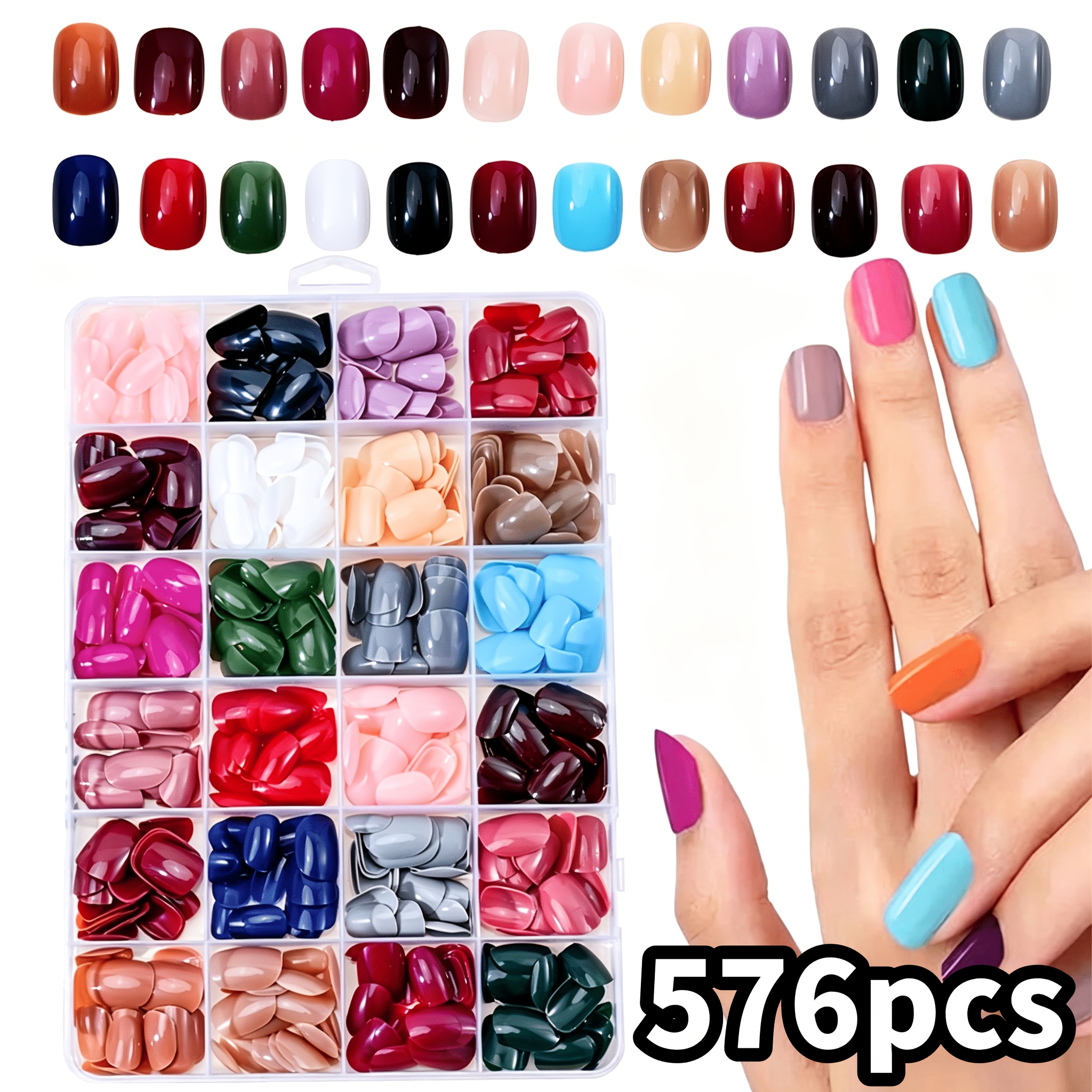 TEMU 576pcs Faux Ongles Carrés Courts à Pression pour Manucure DIY et Salon de Manucure, 24 Couleurs Brillantes, Faux Ongles à Couverture Complète de