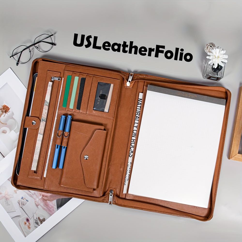 TEMU Vegan Portfolio, Portfolio With Handle, Padfolio For Women And Men, Professional Padfolio With Zipper, & Storage, Pen Holder, Gift For