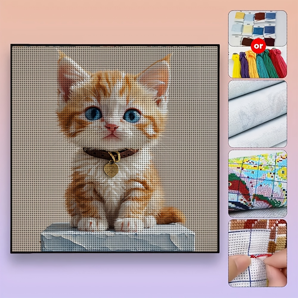 DIY Cross-Stitch Printed Kit, Blue-Eyed Orange and White Kitten Pattern