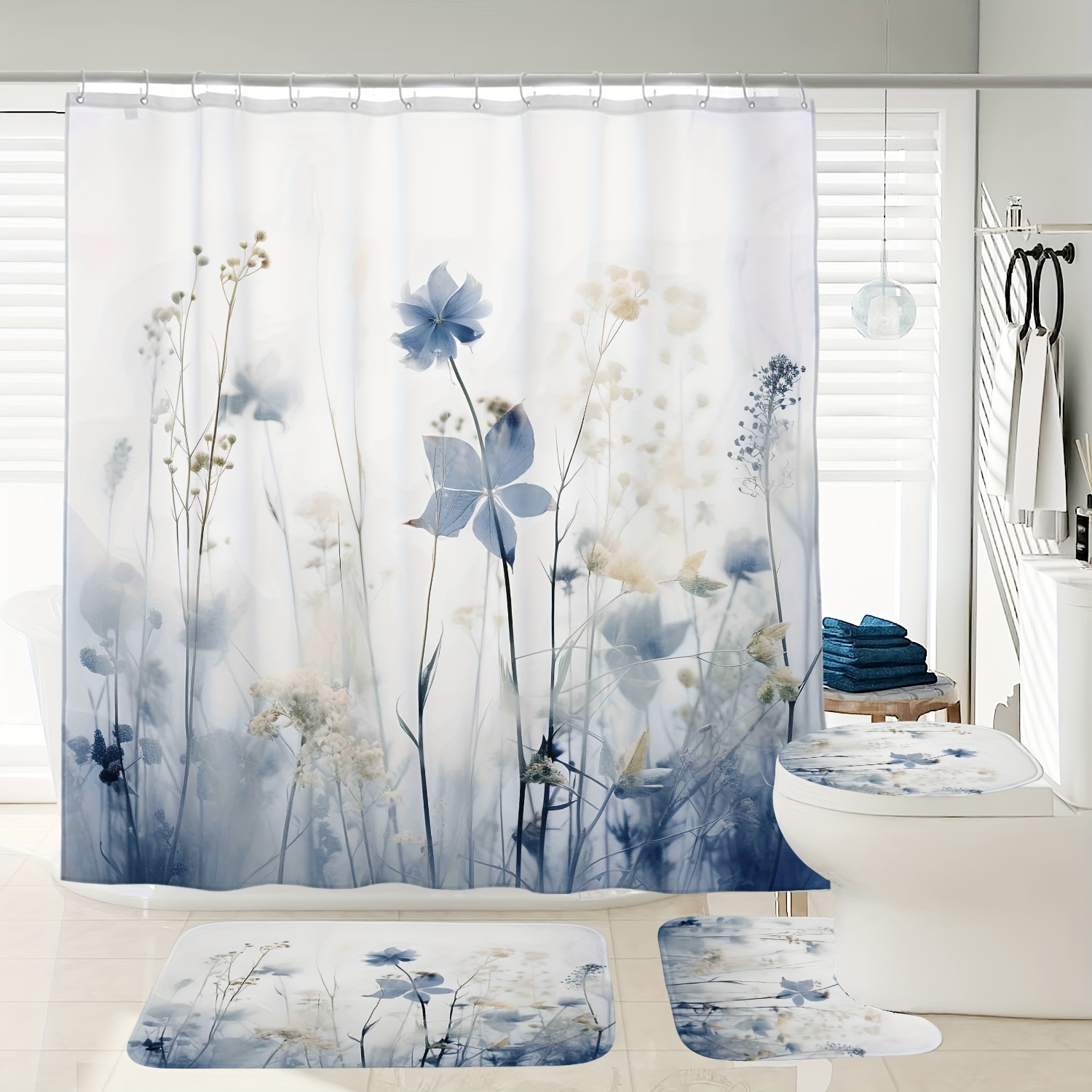 

1/3/4pcs Plant And Floral Pattern Digital Printing Waterproof Shower Curtain And Carpet Bathroom Decoration Shower Curtain And Carpet And Toilet Seat Cover