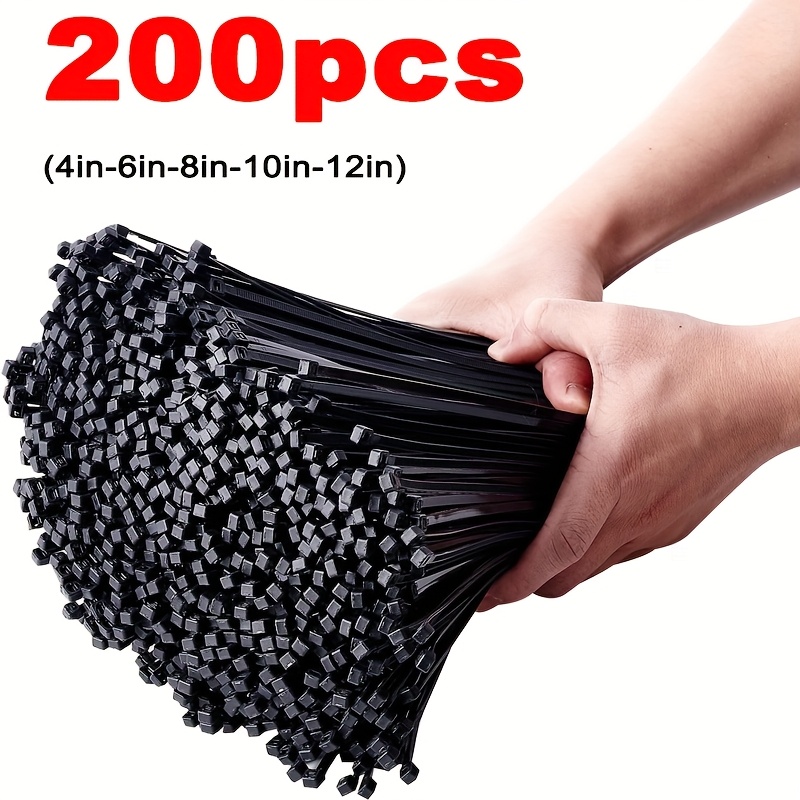 200pcs heavy duty black nylon cable ties self locking uv resistant temperature resistant high strength assorted sizes 10in 15in 20in 25in 30in for all needs durable weather resistant for outdoor garden use easy for home office industrial cable management