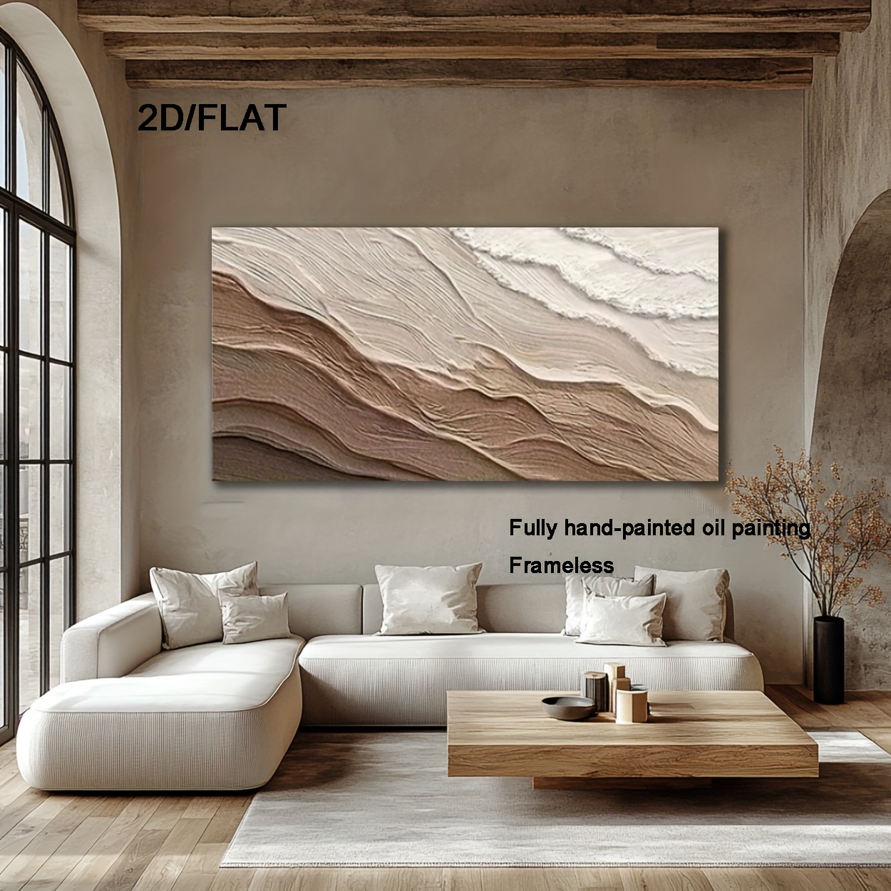 This Is a Large, Hand-Painted Abstract Oil Mural in a Nordic Bohemian Style, Featuring a Easy Modern Design with Neutral Colors. It Has a Textured End And Is Perfect for Decorating Spaces Like for home Offices, Living Rooms