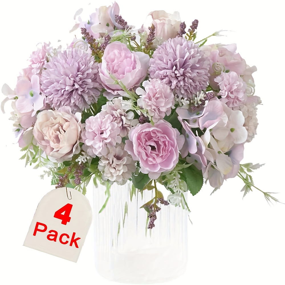 

4 Pack Artificial Peony And Hydrangea Silk Flowers - No Container, Fake Bouquet For Birthday Wedding Home Garden Decoration, Realistic Floral Arrangements Centerpieces