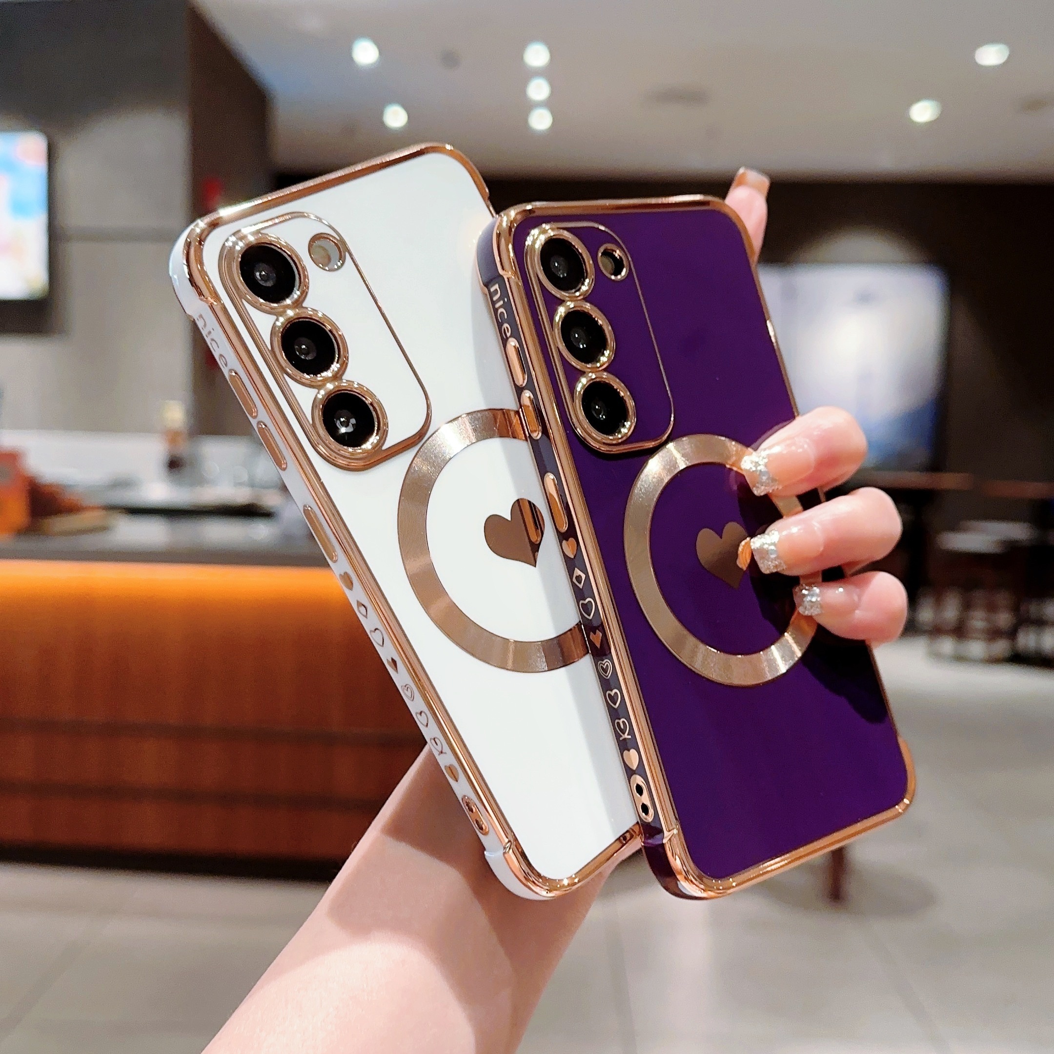 

Magnetic Side Electroplated Solid Heart Phone Case S20 21 23 Fe S21 22 23 24 + Ultra