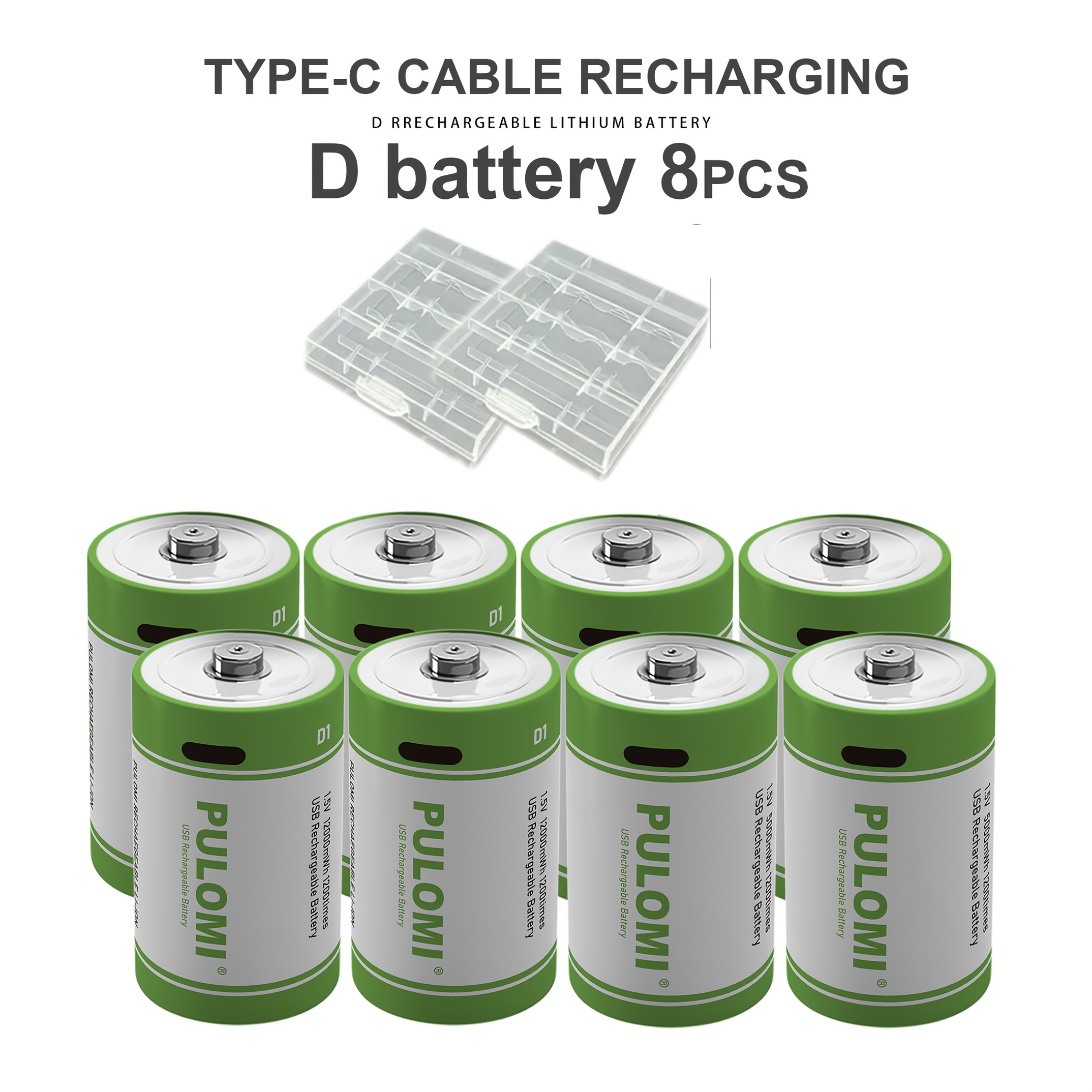 TEMU 8pcs Pulomi D Batteries Rechargeable Usb Type-c Lithium Batteries 8000mah 1.5v High Capacity, 3h Fast Charge, 12000mwh, 1200+ Charge Cycles,