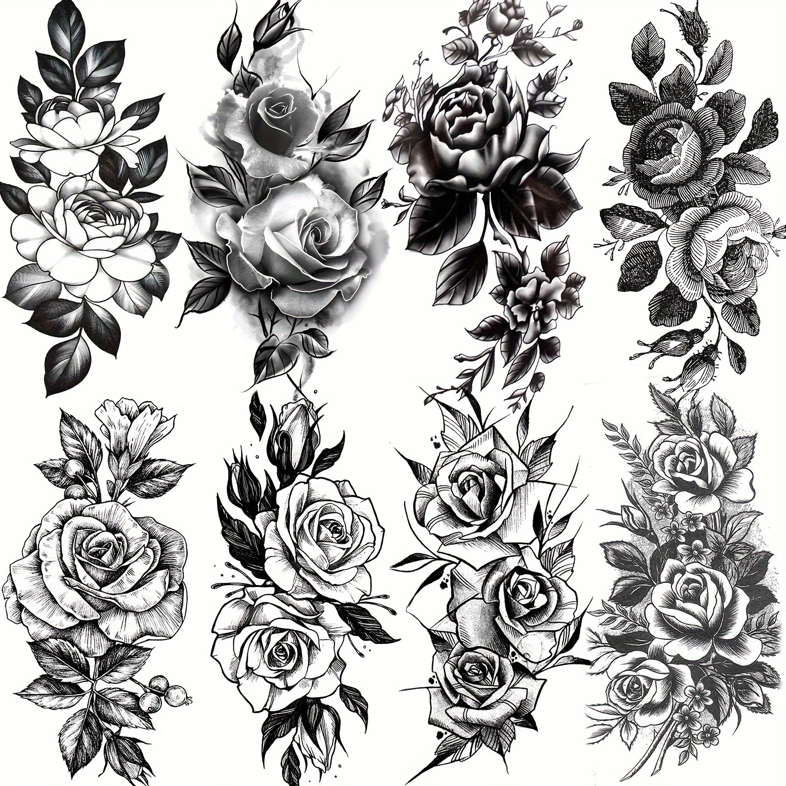 Image of 8pcs Realistic Black Rose & Peony Temporary Tattoos For Women - Waterproof, Long-lasting Floral Sketch Stickers For , Legs & Body Art