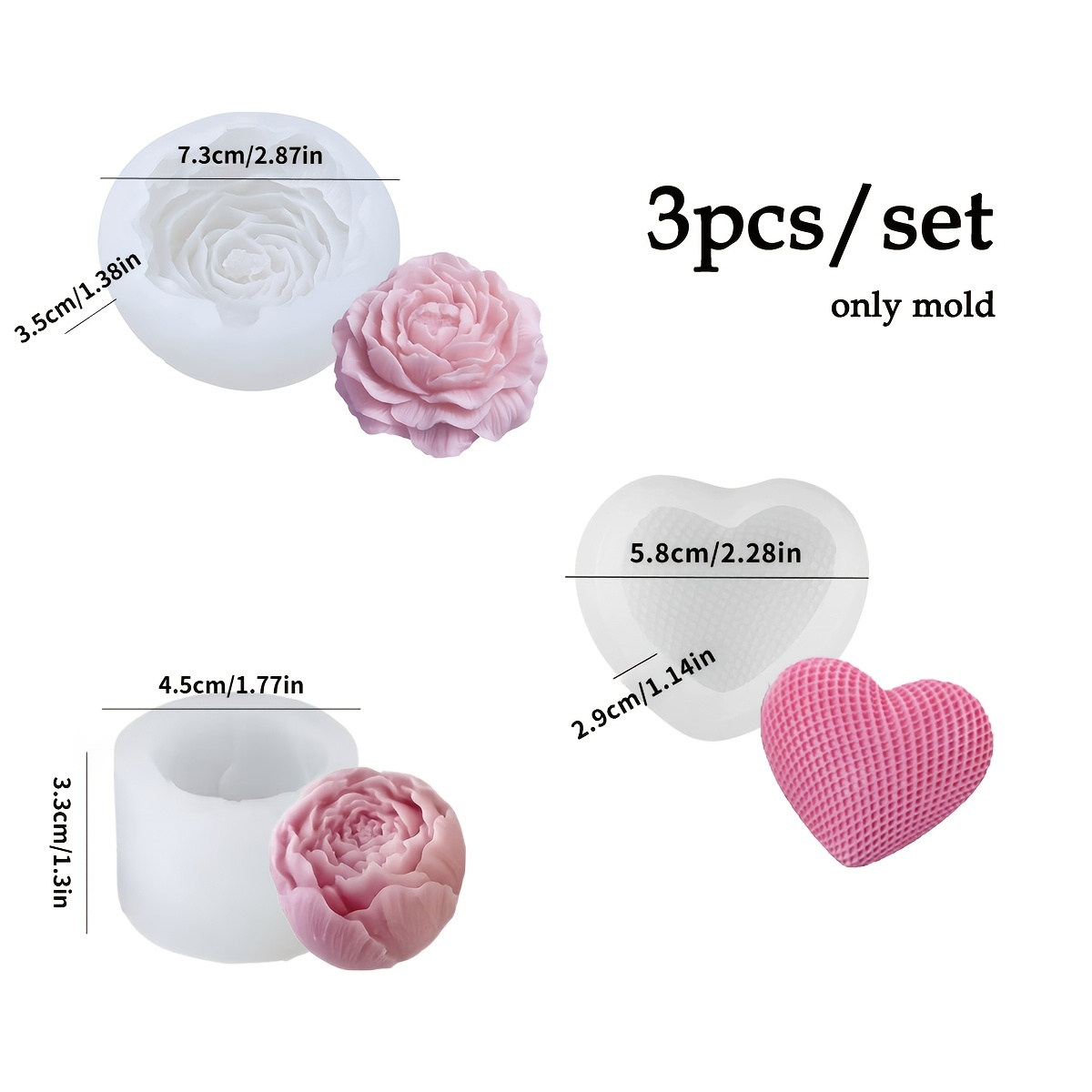 E-shop 3-teilige Pfingstrosen-Blumen- & Herzform für DIY-Bastelarbeiten – Pfingstrosen-Silikonform mit Rosenknospe & Gitter-Herzform,