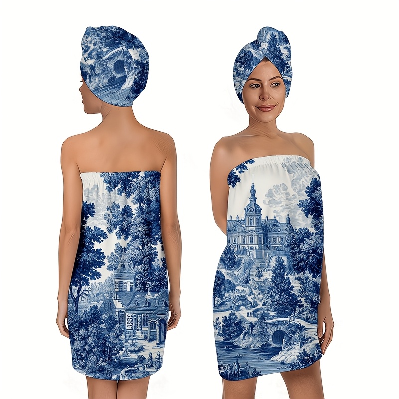 2D Flat, 2pcs Blue and White Classical Garden Scenery Bath Skirt, 2D FLAT Bath Skirt and Hair Drying Cap Set, for Bathroom/Beach/Gym/Sauna/Beauty Salon/SPA/Spa/Washroom, Soft/Quick-Drying/Absorbent/Stylish, Valentine's Day, 2D Flat