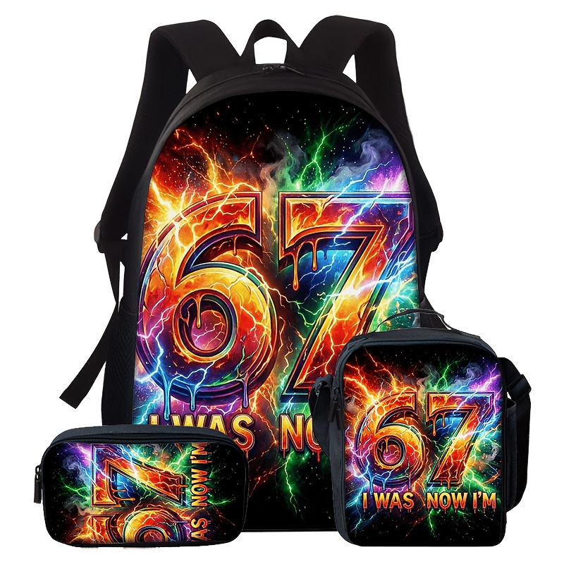 TEMU Ensemble de 3 sacs pour femme 67 Lightning, style homme et tendance, sac d'école imprimé élégant, un sac à dos grande , une pochette et un sac