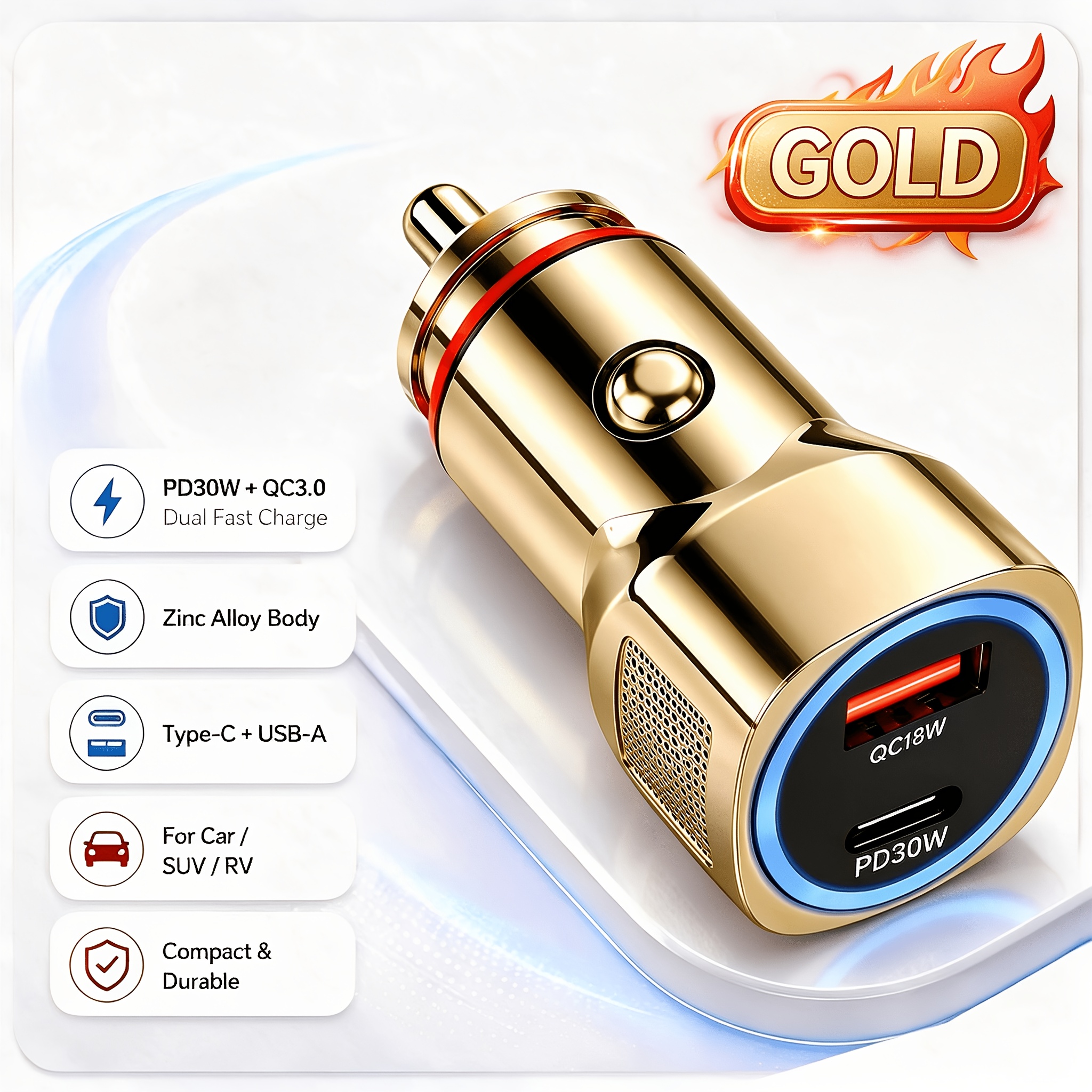 TEMU Chargeur de voiture 48W en de , nouveau design 2026, multicolore, métallique, dissipation thermique, double port A et C, chargeur automatique