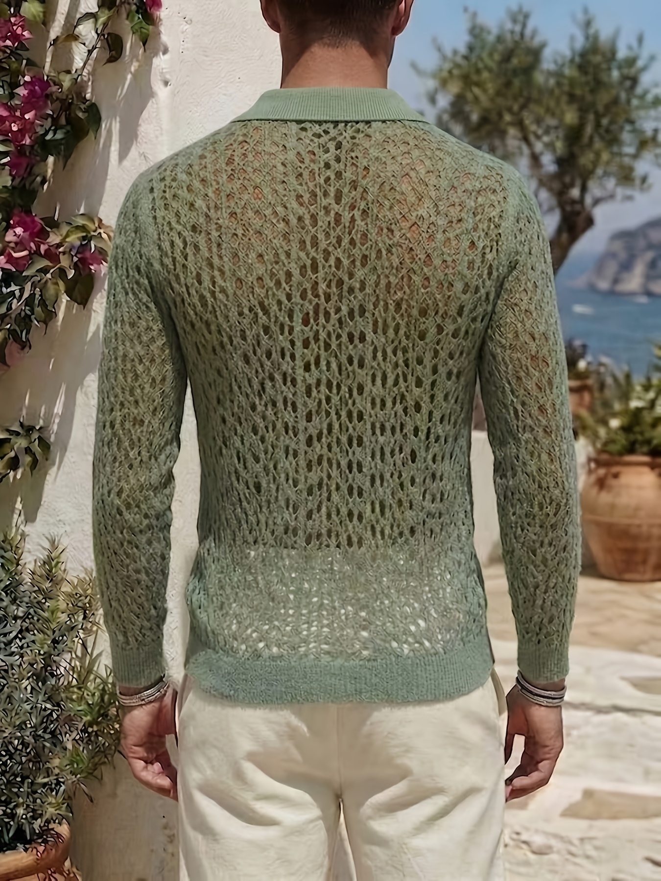 Men's Knitwear, Bean Green Hollow-out Knit Cardigan, Lapel & Single-breasted Design, Breathable & Casual, with a Relaxed Vacation Vibe