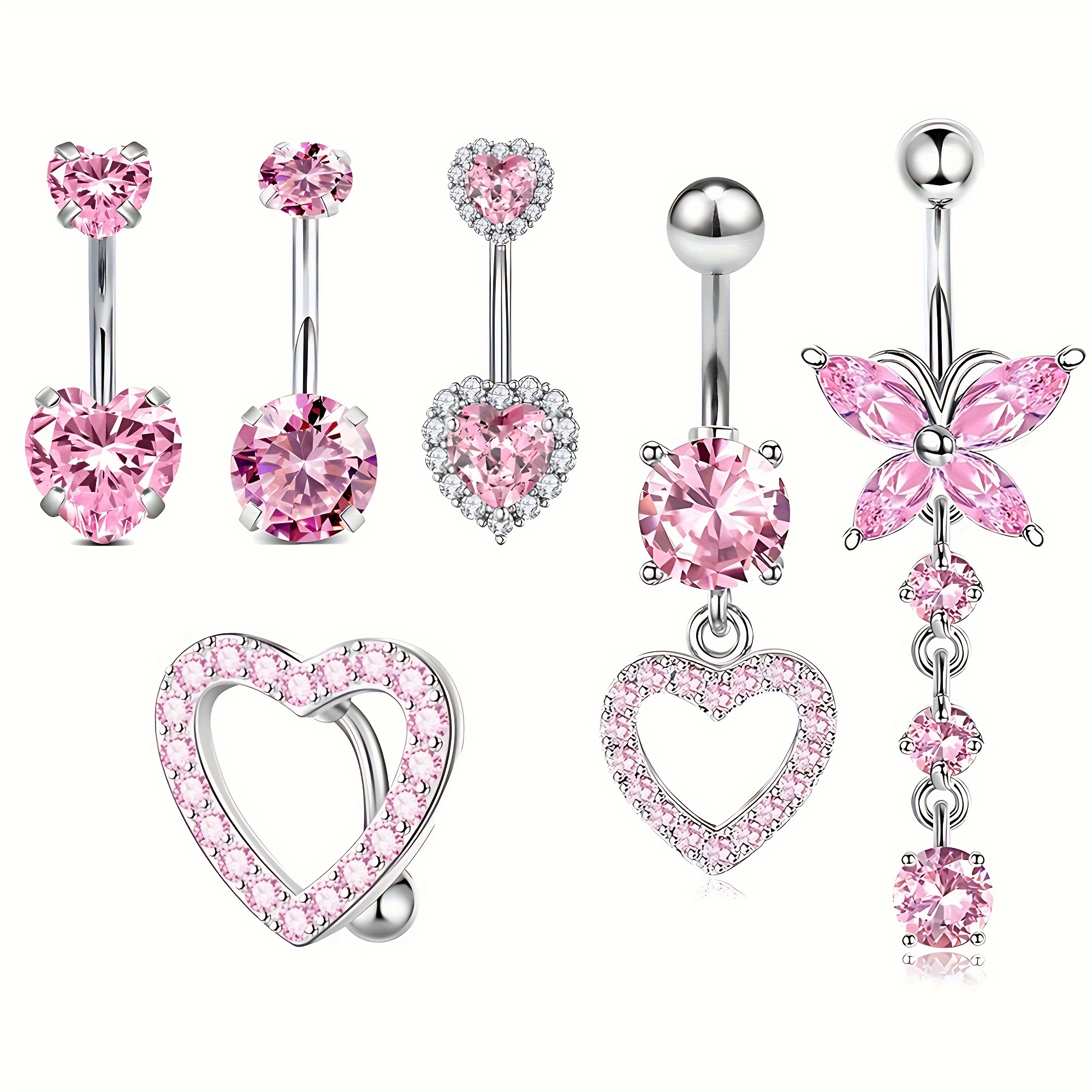 

6-piece Y2k Large Cubic Zirconia Belly Button Rings Set, Butterfly & Heart Charms With Marquise Cut Accents, Sexy Stainless Steel Pierced Rings For Women,