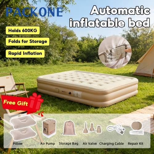 gambar barang tilam automatik dengan pam tanpa wayar terbina, tilam mengembung sendiri dengan bantal tinggi & sokongan , tilam tidur tebal berbulu mudah alih untuk perkhemahan & (beige/hijau)