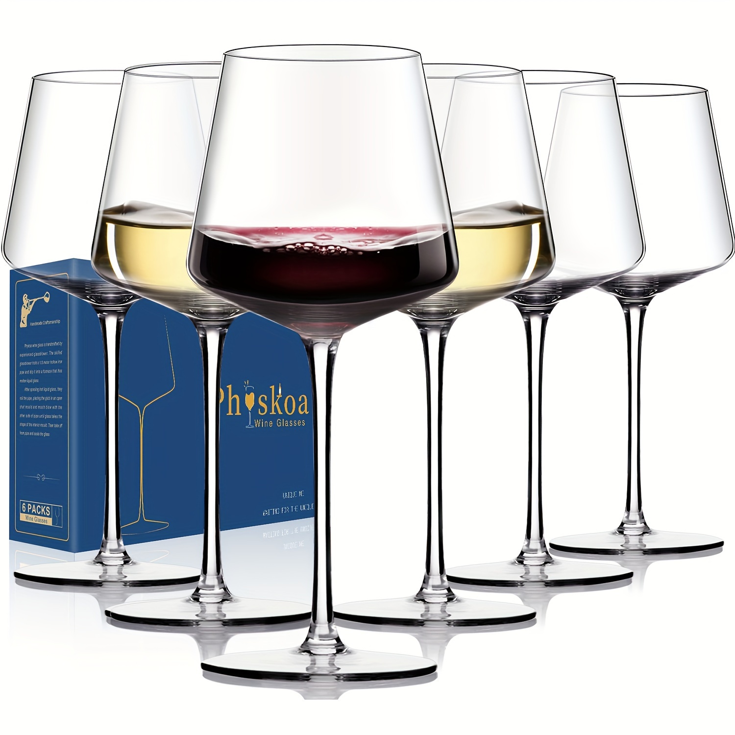 set of 6 clear hand blown wine glasses, 18 oz, featuring a tall long stem  and a unique square design with a , and burgundy | High-quality &  Affordable | Temu