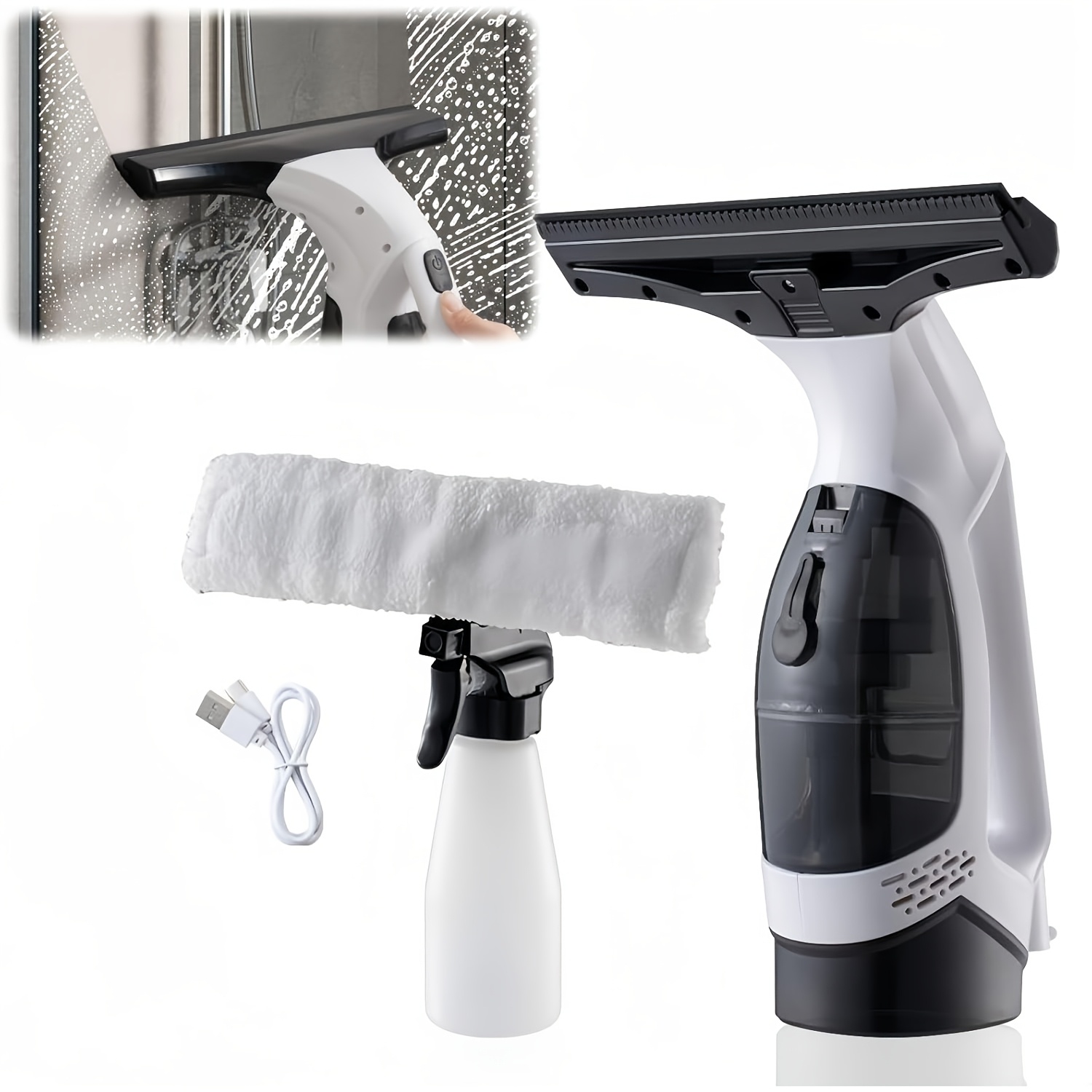 TEMU Window Vacuum Squeegee Cordless, 2000pa Electric Window Cleaner Tool With 2200mah & 200ml Water Collection Tank, Window Cleaning Kit Shower Squeegee For Glass Doors, Windows, Mirrors, Car (white)
