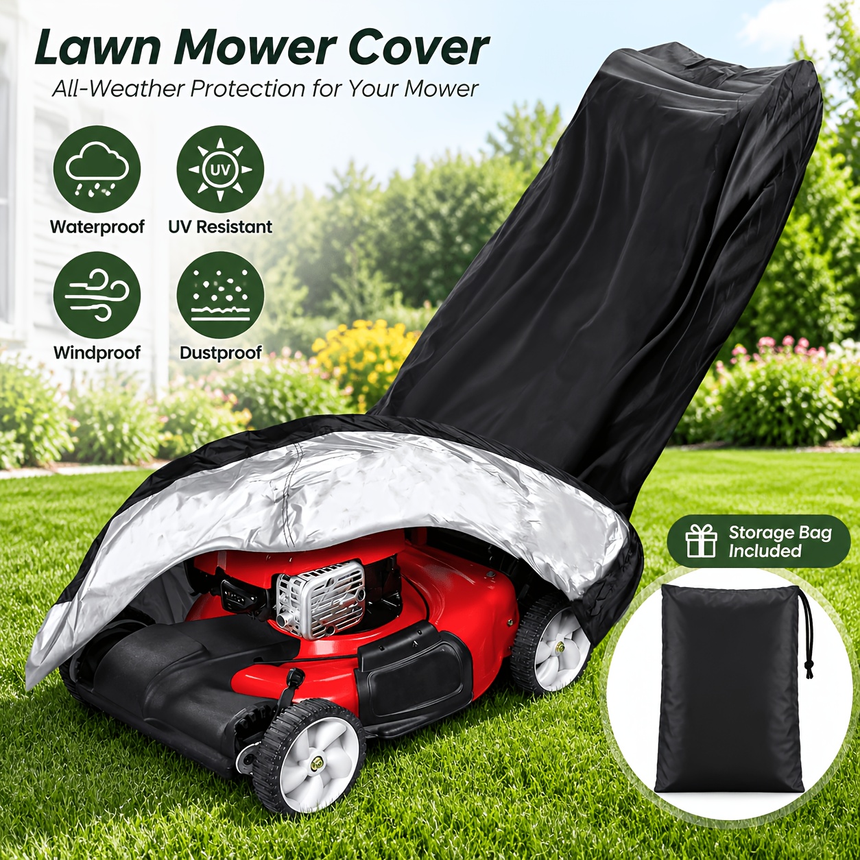 TEMU Lawn Mower Cover (with Storage Bag), 75 X 25 X 40 Inches Waterproof Hand-pushed Lawn Mower Cover, Universal Oxford Fabric Lawn Mower Cover With